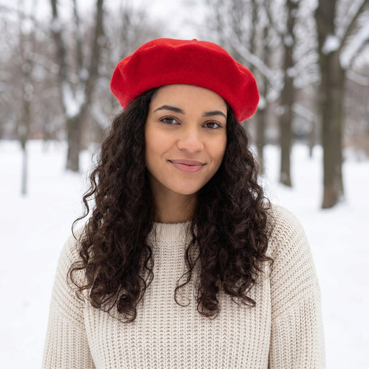 A model showcases the Womens Timeless Classic Wool Beret in a winter outfit, showing neutral tones against a soft, muted background.