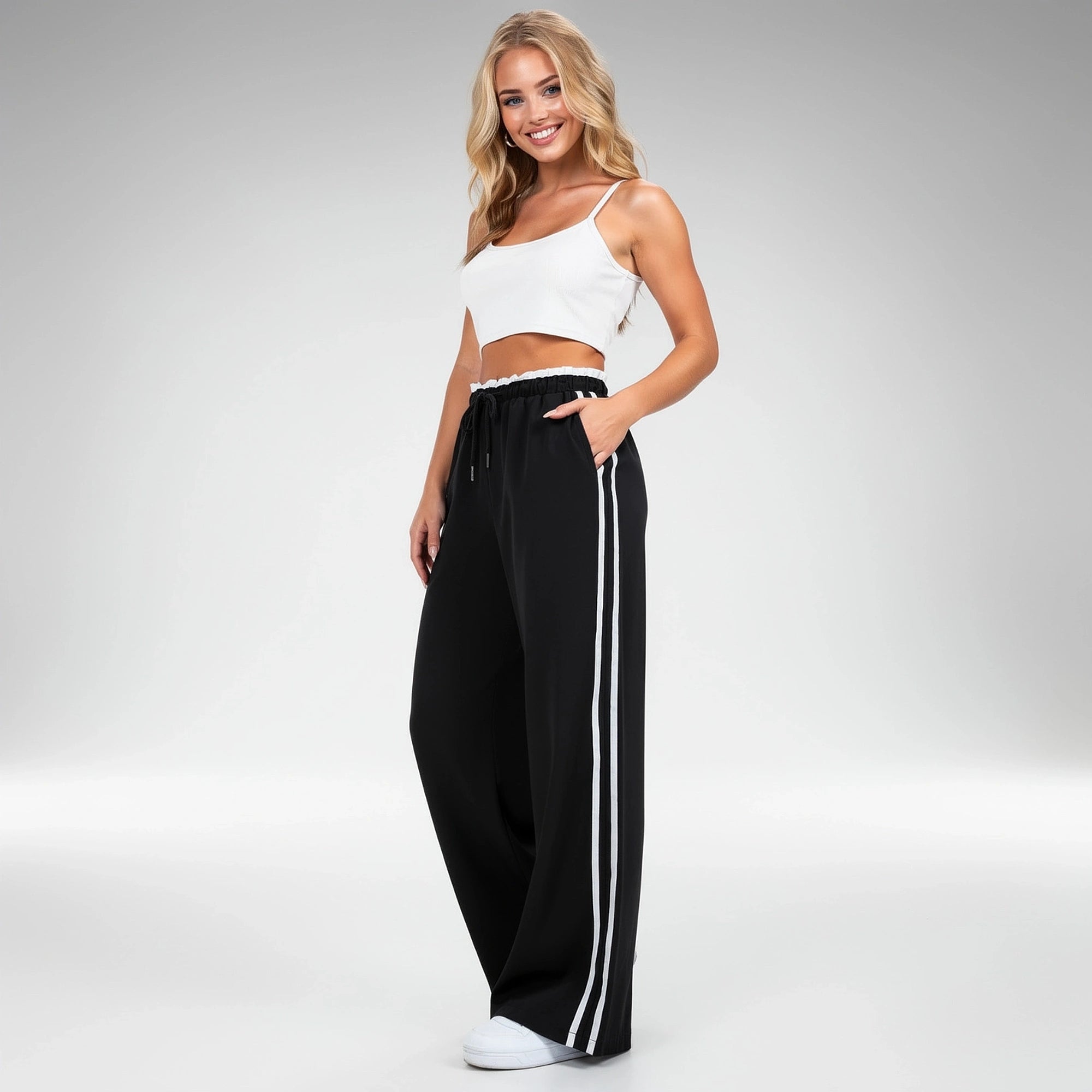 Light gray relaxed wide leg pants made from soft cotton, featuring an elastic waistband and pockets, view