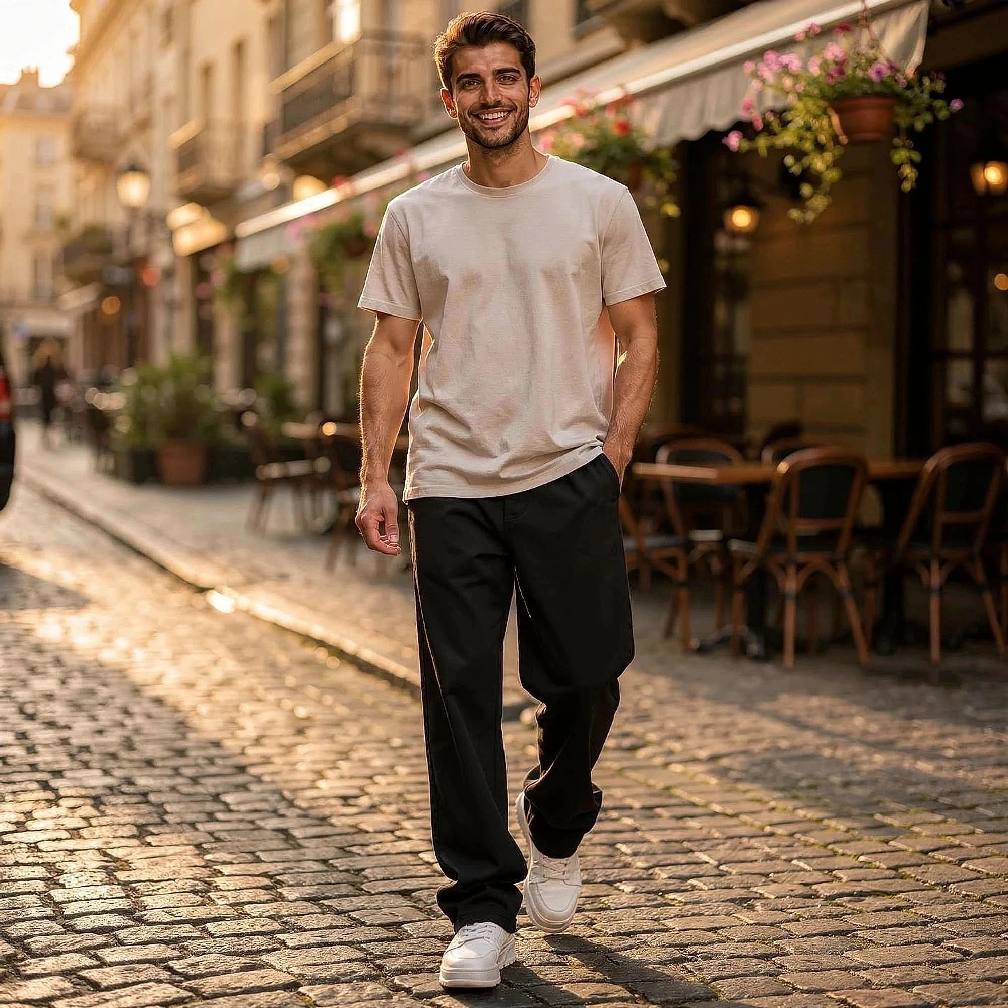 View of relaxed wide leg denim pants in light blue, featuring a loose fit and classic five pocket design