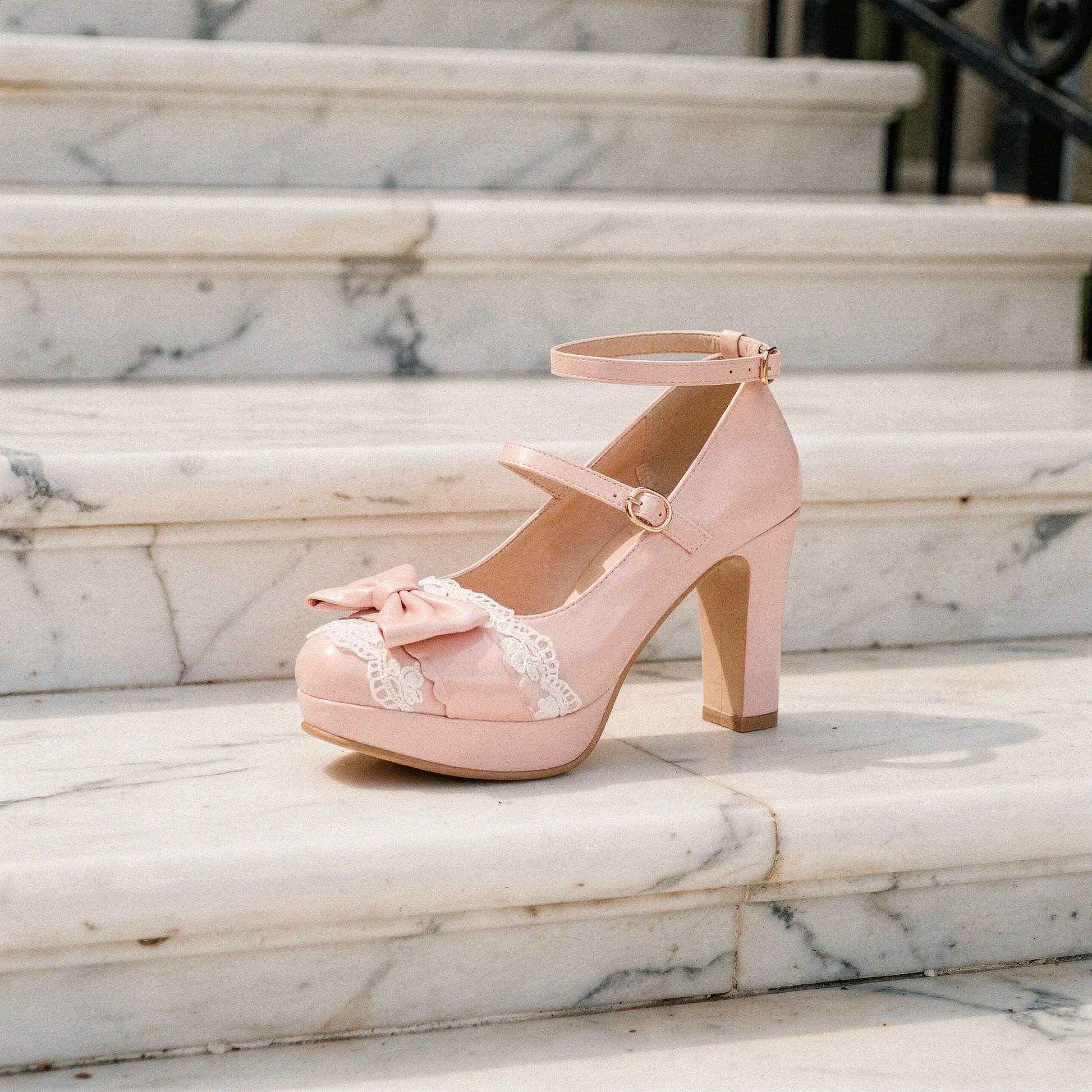 View of elegant high heeled shoes in soft velvet with charming lace frill accents, showcasing a delicate design