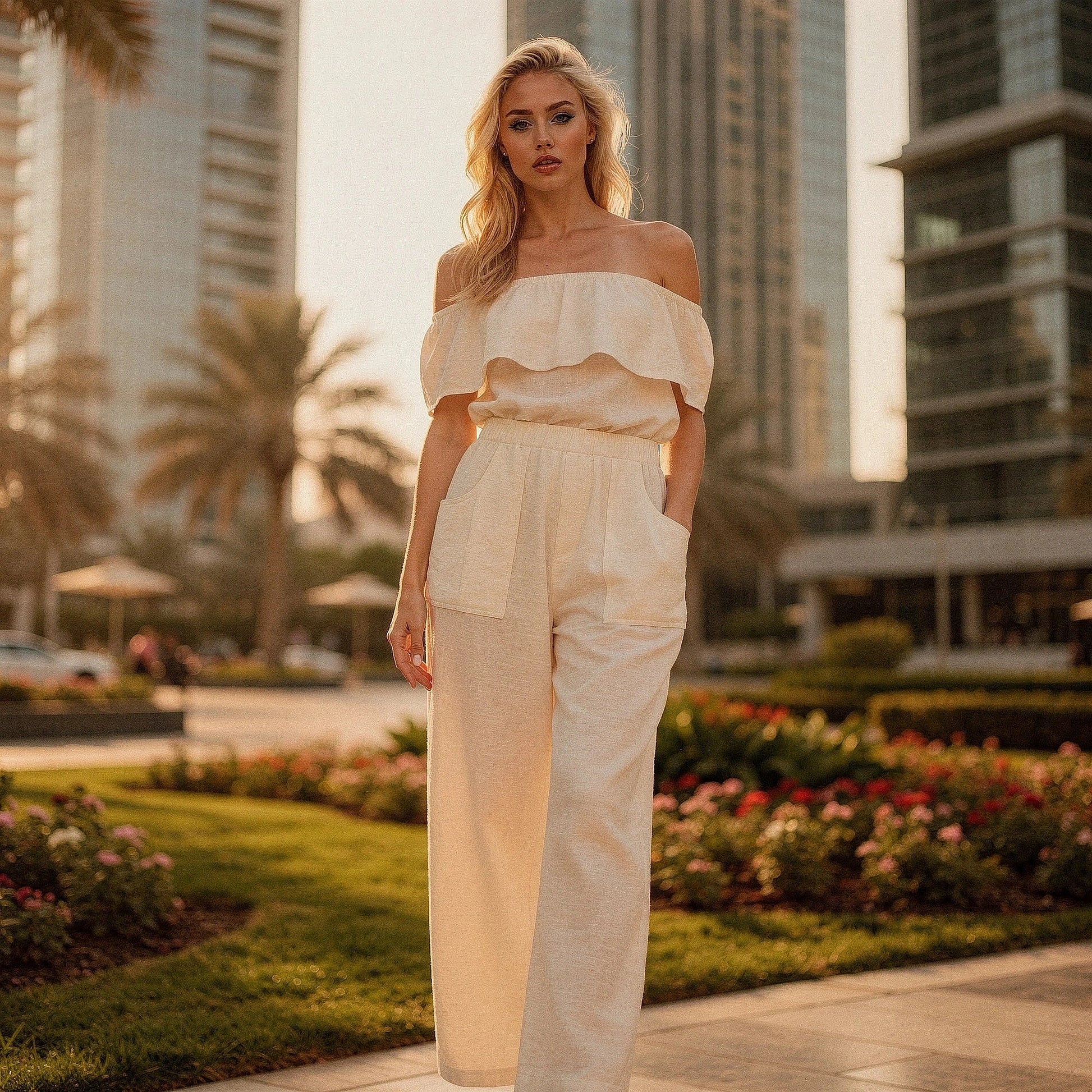 View of elegant high waisted wide leg pants in soft fabric, featuring a smooth waistband and flowing silhouette