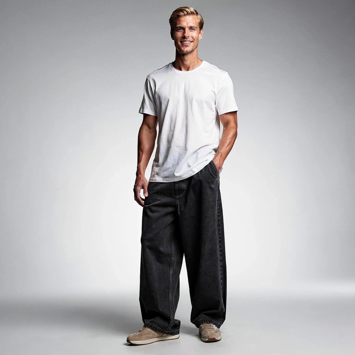 Light blue relaxed wide leg denim pants with a high waist, view showcasing the soft fabric and wide legs