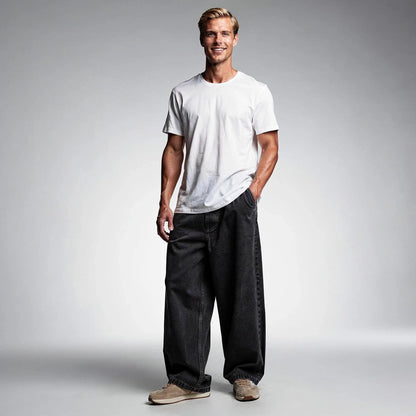 Light blue relaxed wide leg denim pants with a high waist, view showcasing the soft fabric and wide legs