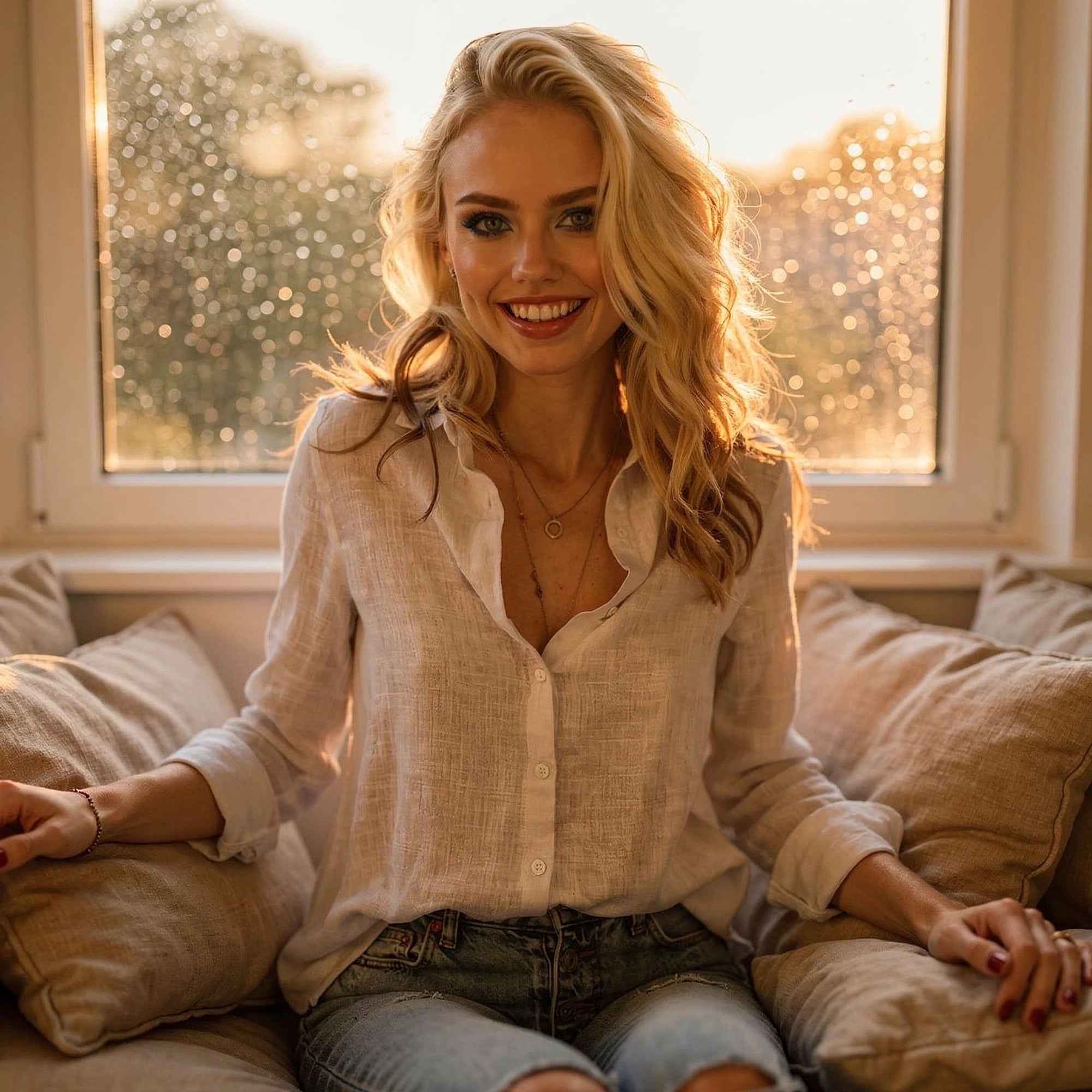 Light blue relaxed button blouse made of soft fabric, featuring a round neckline and rolled sleeves, view