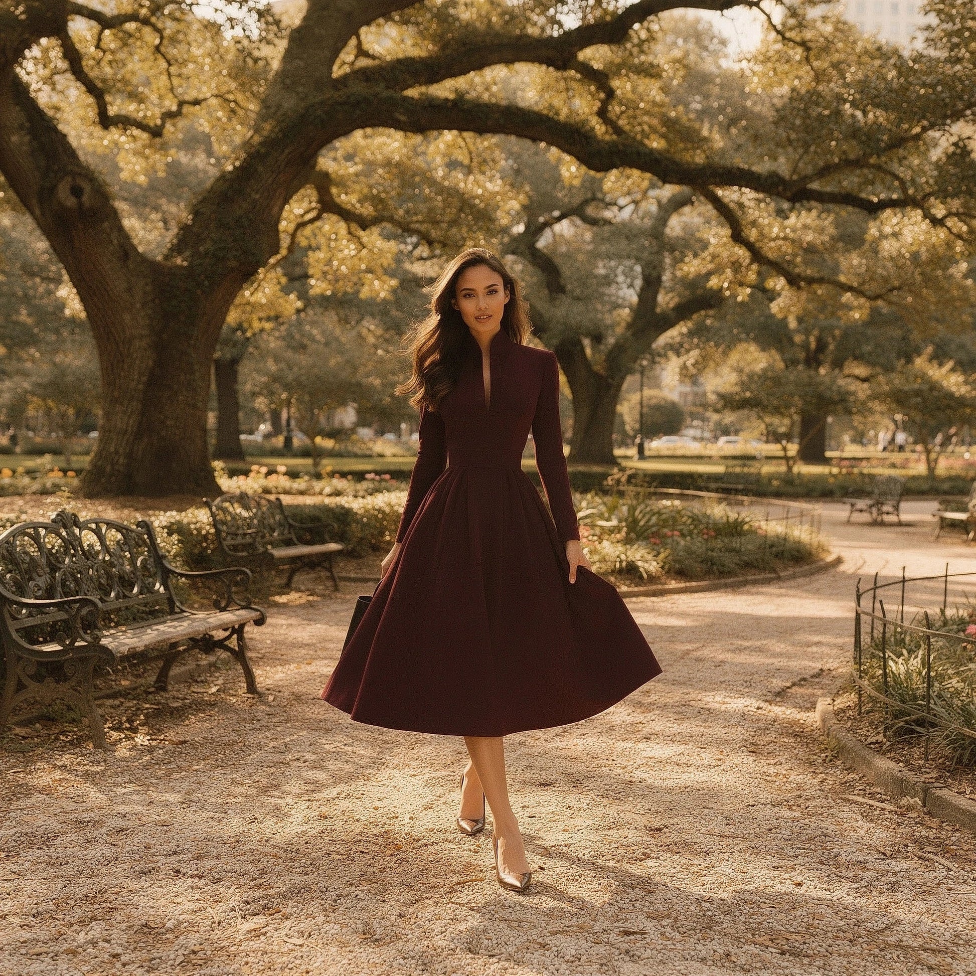 Elegant V neck midi dress in soft fabric, featuring a fitted bodice and flowing skirt, view showcasing the neckline