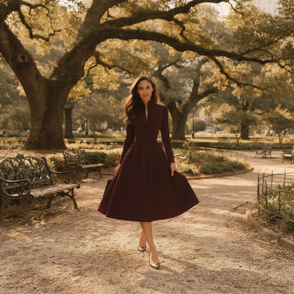 Elegant V neck midi dress in soft fabric, featuring a fitted bodice and flowing skirt, view showcasing the neckline
