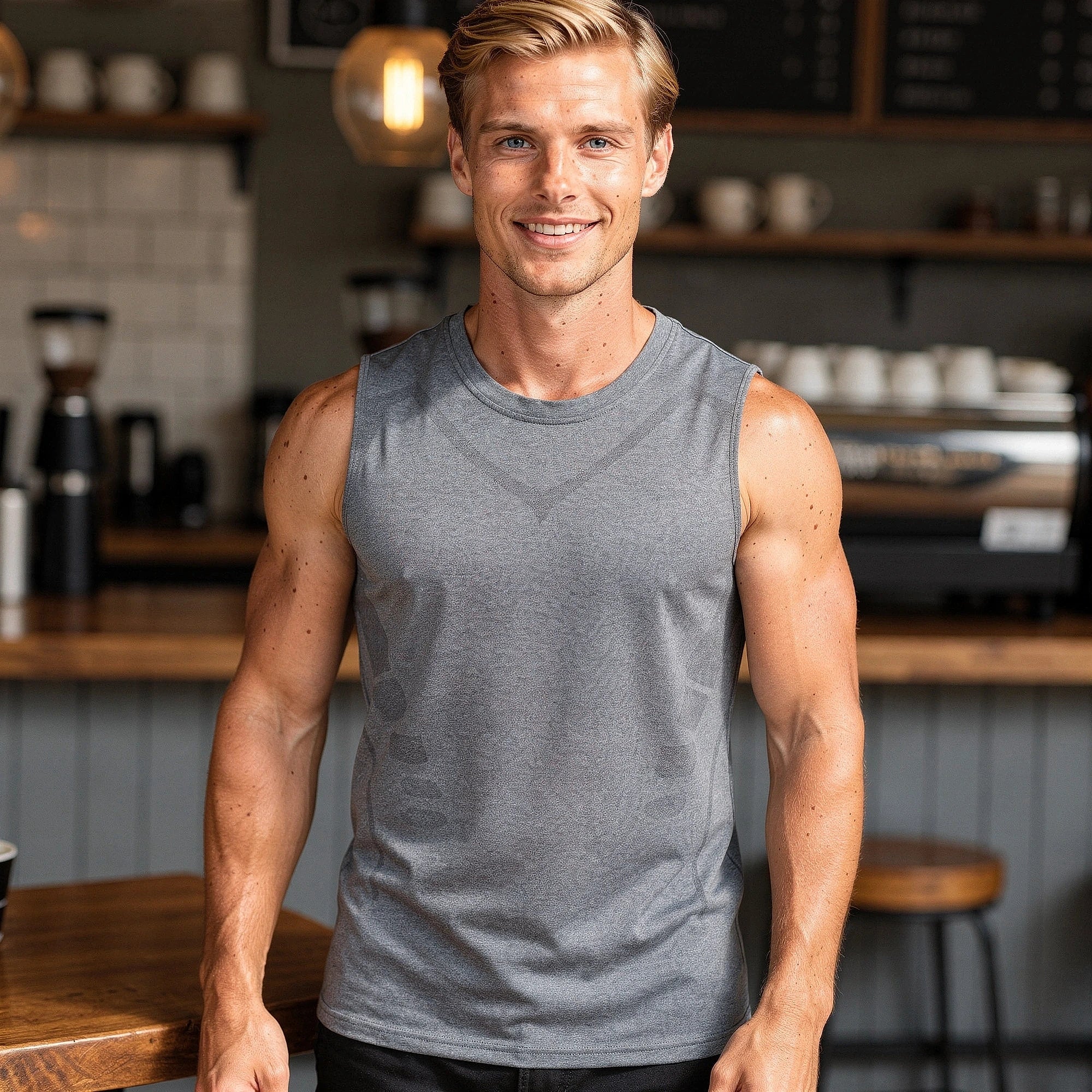 View of a sleek black athletic tank top made from quick dry material, showcasing a smooth texture and fitted design