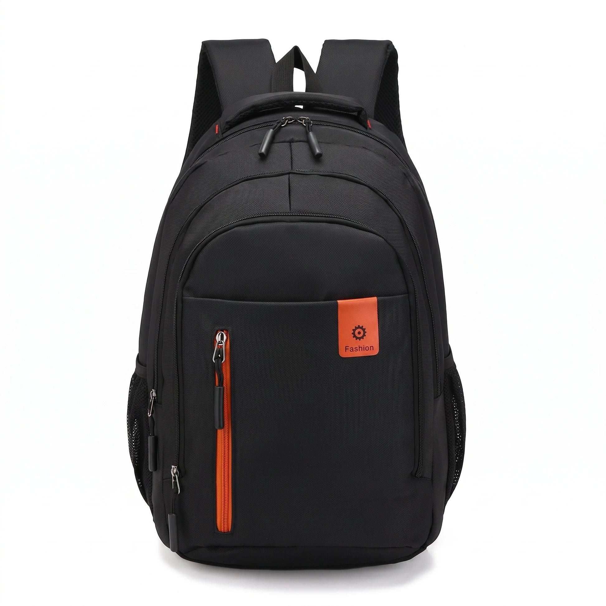 Close up view of the men's waterproof school backpack showing its durable Oxford fabric, precise stitching, and design details for urban commuters.