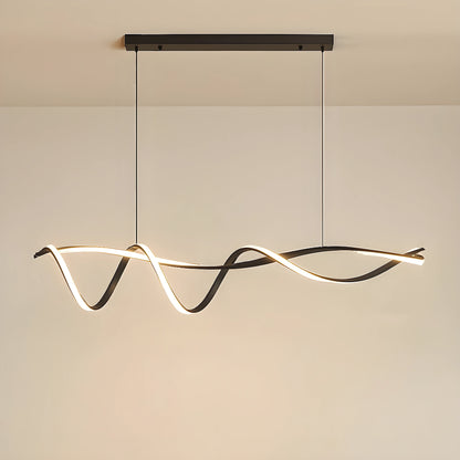A sculptural LED overhead light fixture showcased in a modern space, showing its wave inspired design and finish against a minimalist background.