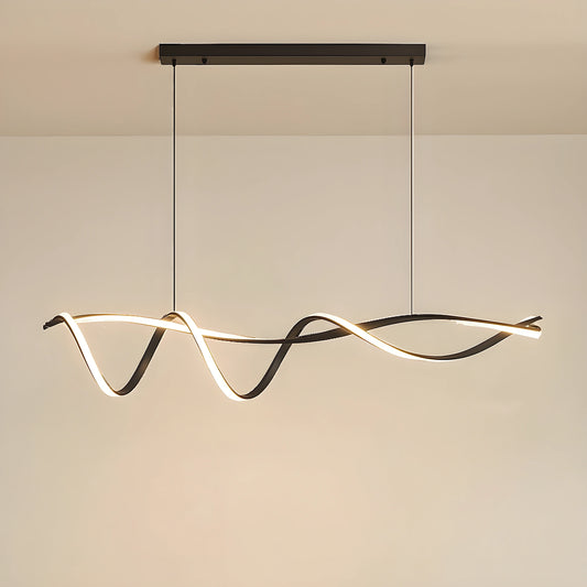A sculptural LED overhead light fixture showcased in a modern space, showing its wave inspired design and finish against a minimalist background.