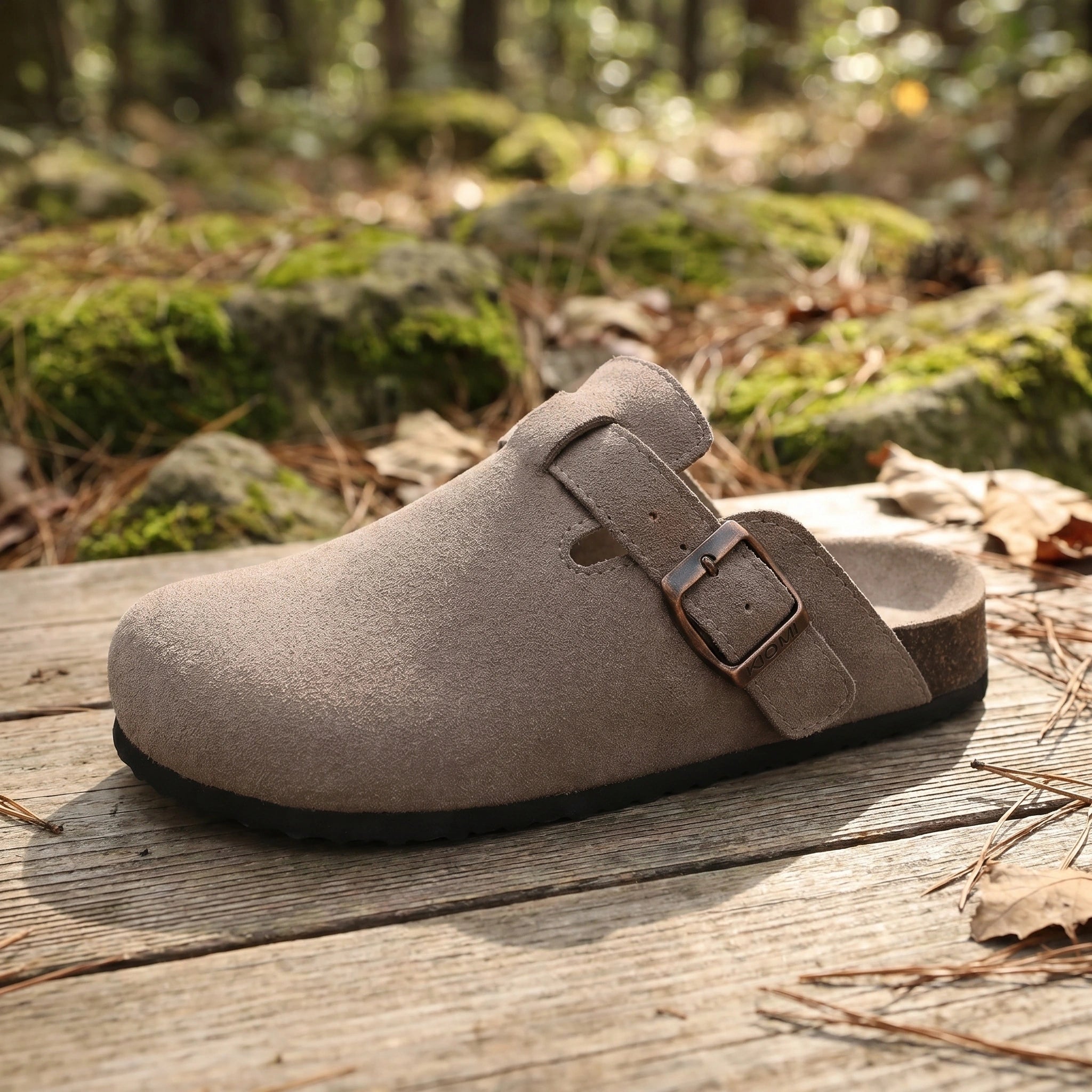 Back view of men's soft suede comfortable sandals showing detailed stitching and a cushioned sole, set against a neutral outdoor background.