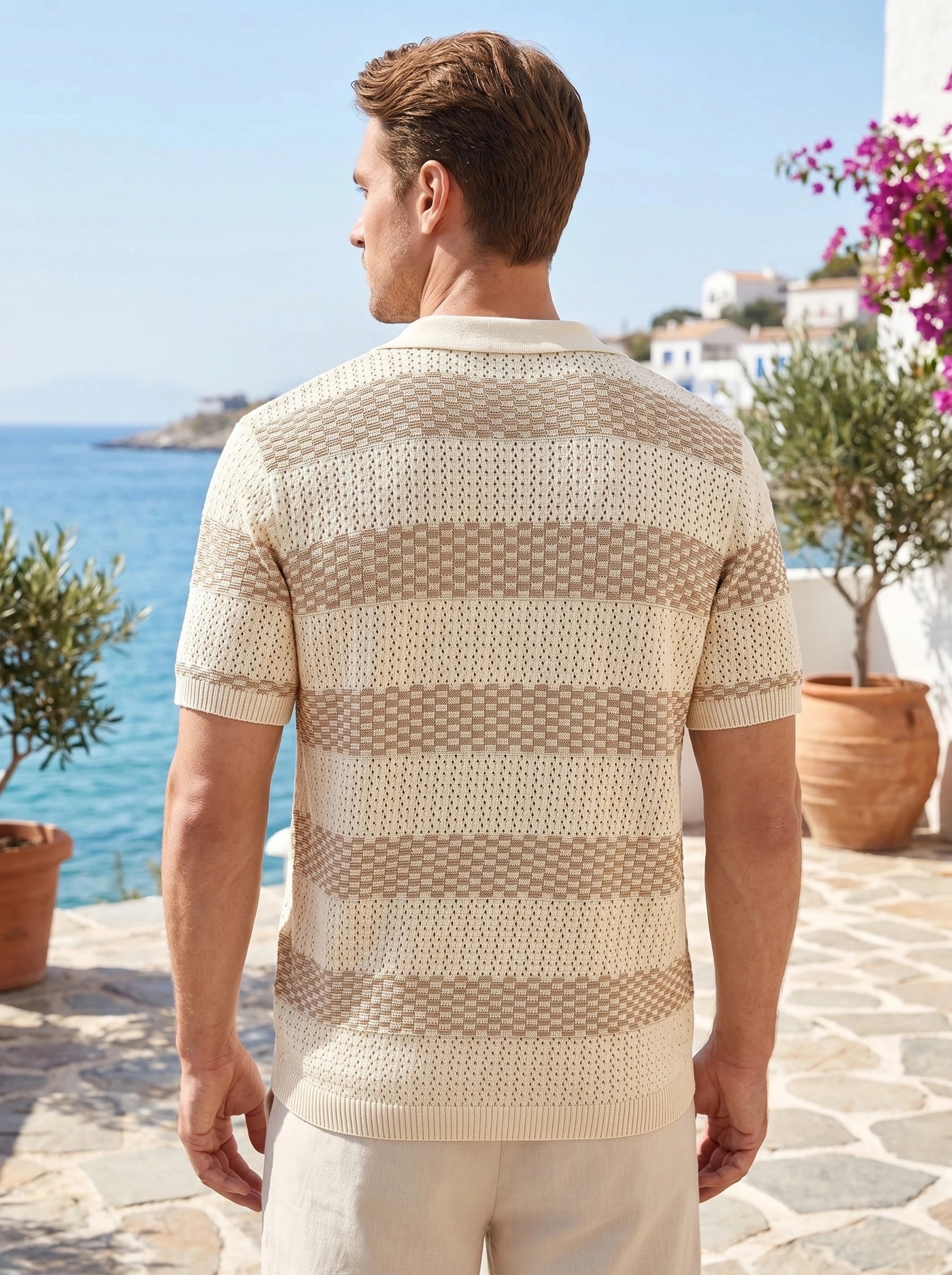 Close up view showing the lightweight fabric and precise stitching details of the men's summer polo in a colorful, perfect for casual days.