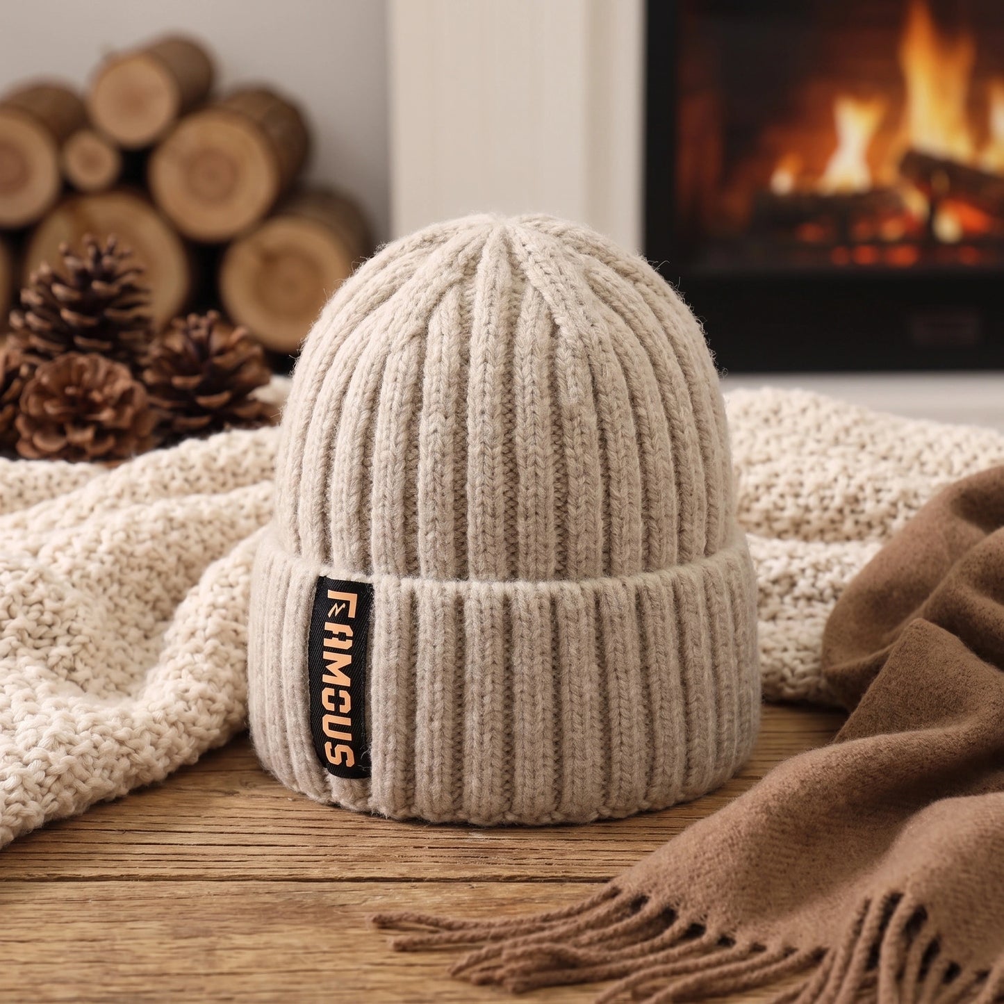 Close up view of the women's cozy knitted winter beanie showing intricate stitching and soft fabric texture, perfect for enhancing winter outfits.