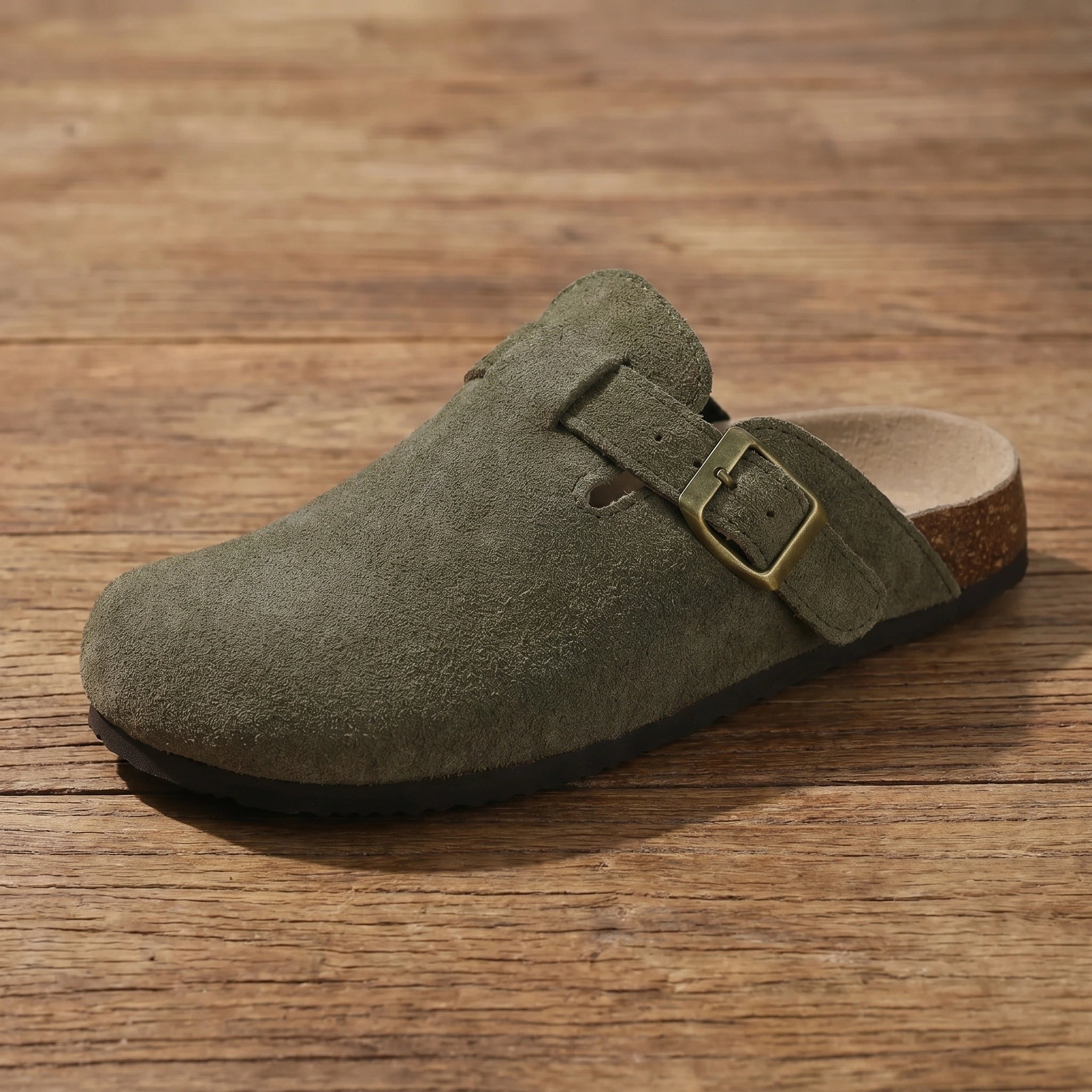 Close up view of the soft suede material and detailed stitching of men's comfortable sandals, showing their design and summer ready appeal.