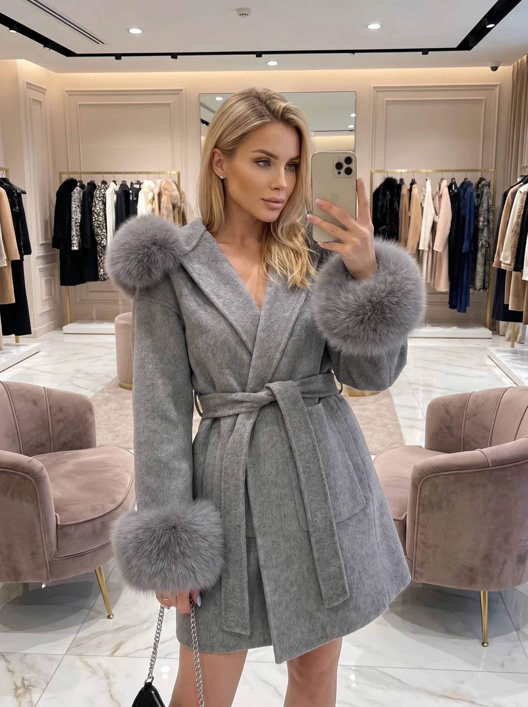 Back view of a model showing the women's sophisticated oversized winter coat in a rich navy hue, showing its construction details against a neutral backdrop.