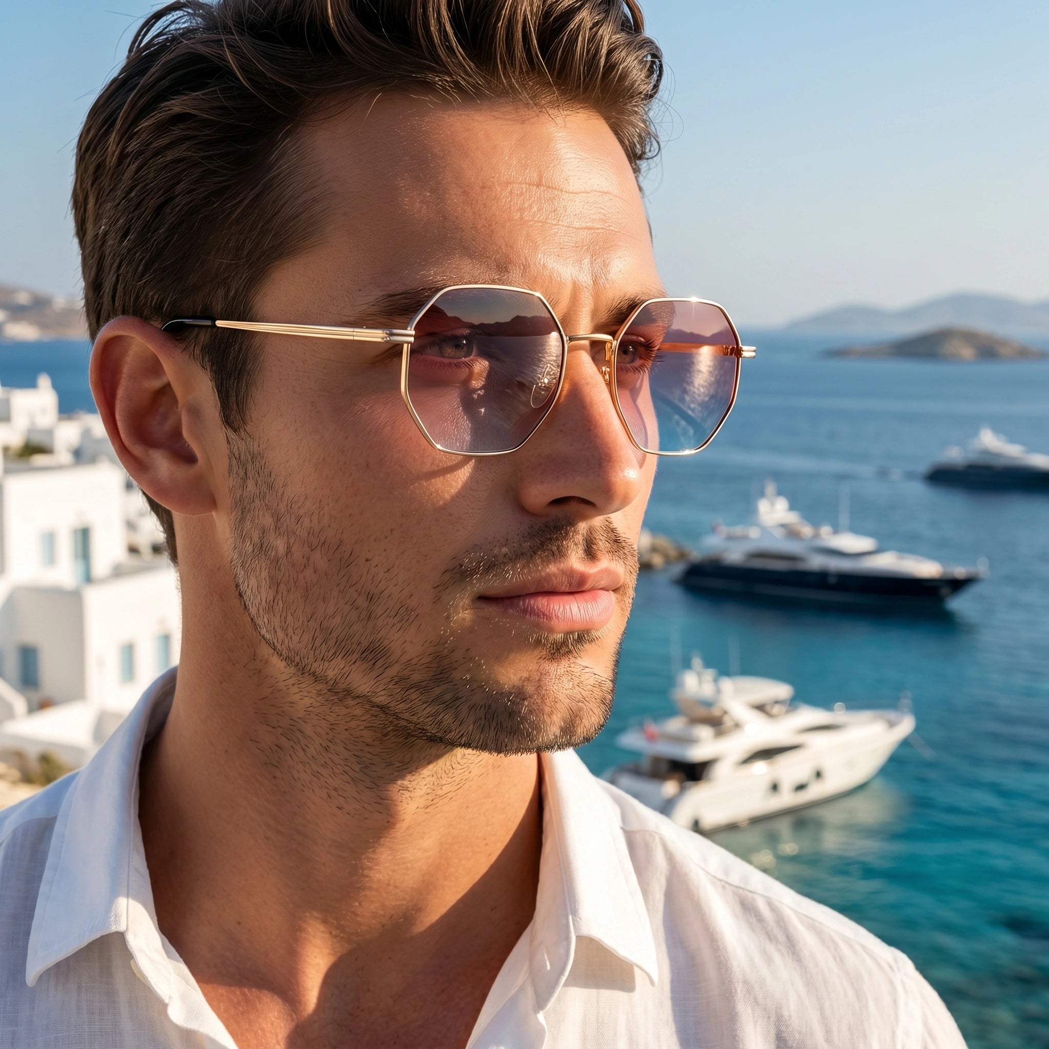 Close up view of the Mens Vintage Summer Sunglasses showing the intricate detailing of the frame and design against a soft, neutral background.