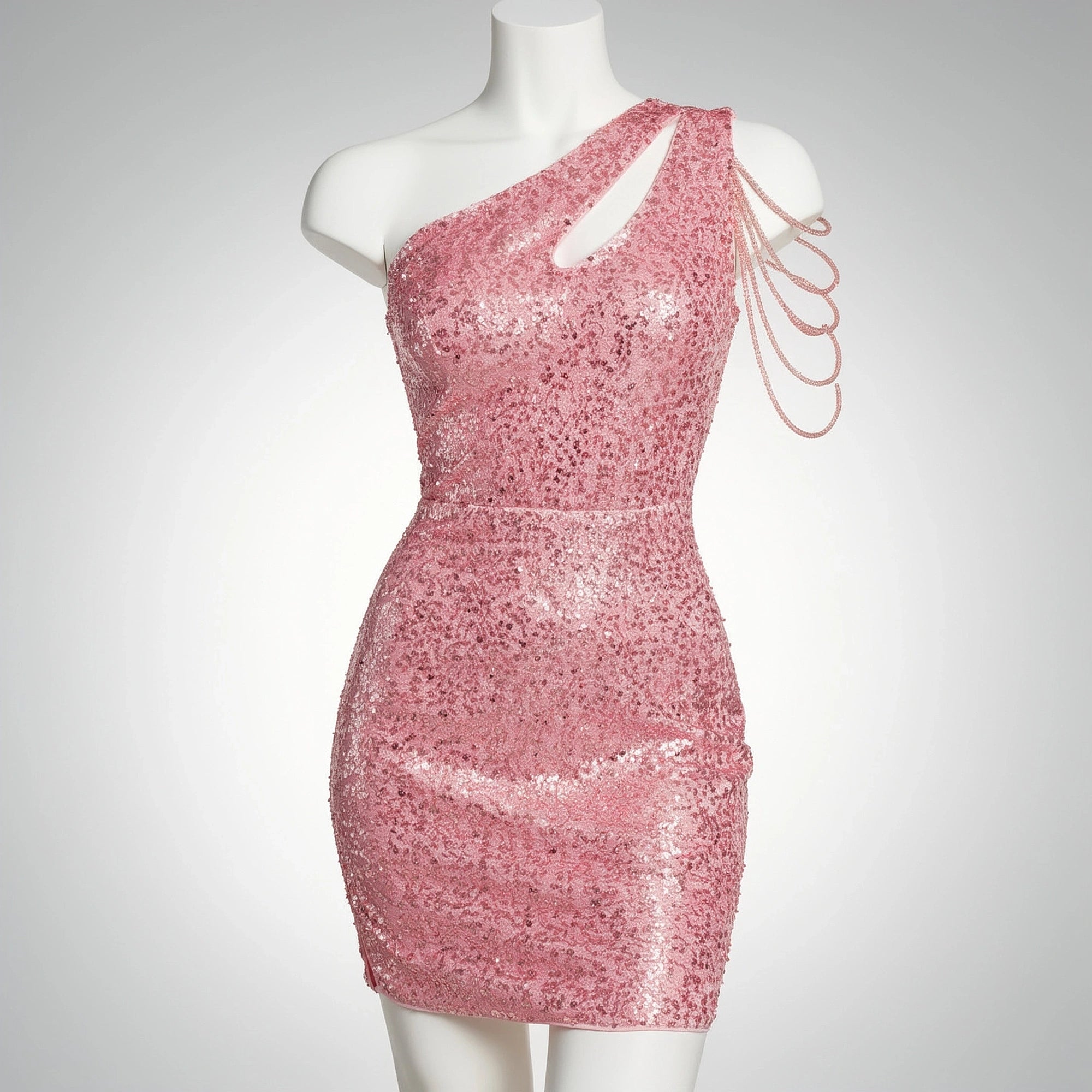 View of a shimmering silver sequin mini dress featuring a flattering silhouette and delicate straps