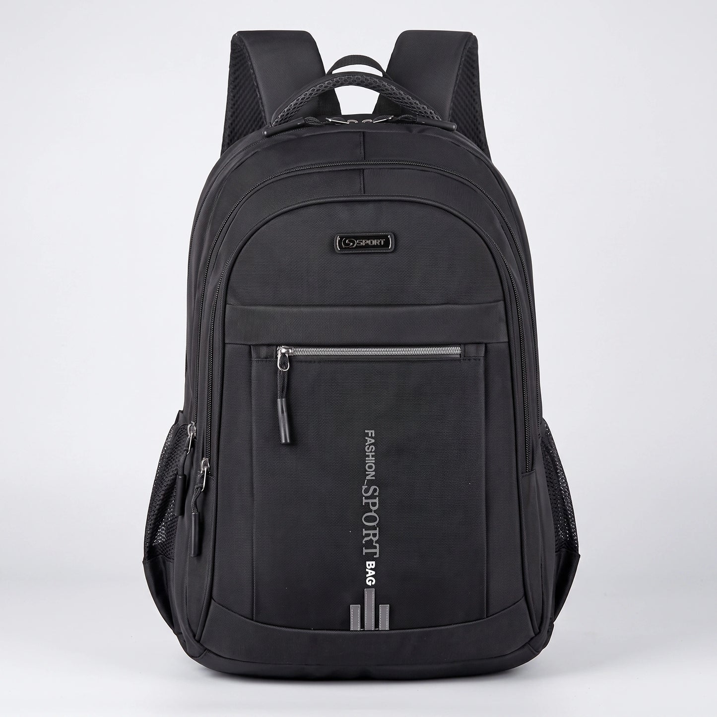 Close up view of the men's waterproof school backpack showing its durable Oxford fabric, intricate stitching, and design details ideal for urban commuters.