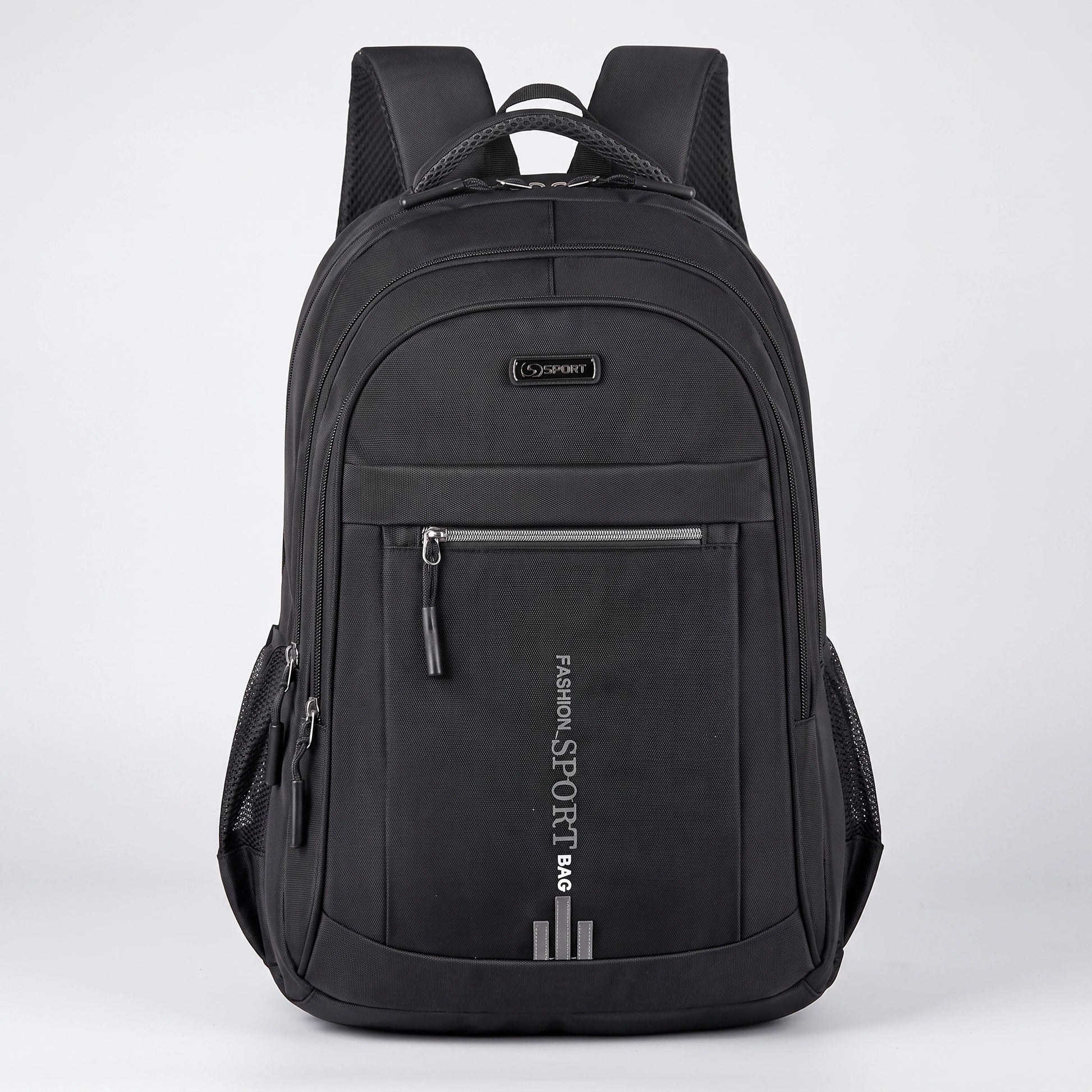 Close up view of the men's waterproof school backpack showing its durable Oxford fabric, intricate stitching, and design details ideal for urban commuters.