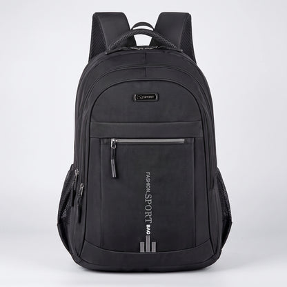 Close up view of the men's waterproof school backpack showing its durable Oxford fabric, intricate stitching, and design details ideal for urban commuters.