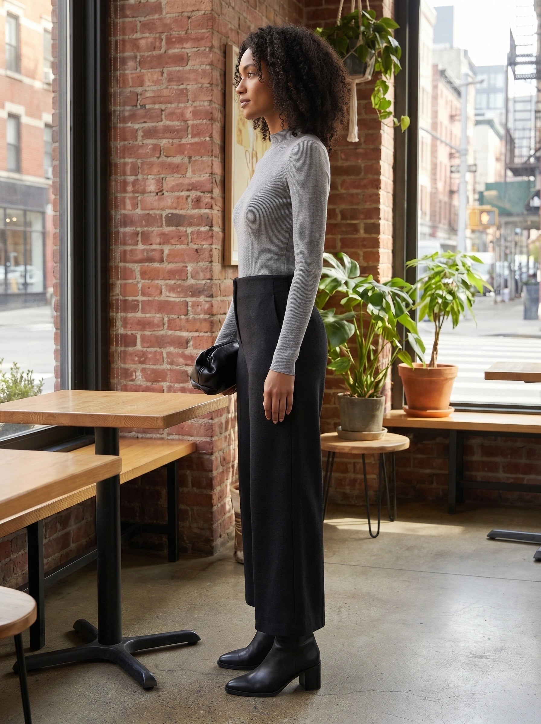Back view of a model wearing high waisted womens tailored autumn cropped trousers in a rich burgundy color, showing the fine stitching and tailored fit against a neutral background.