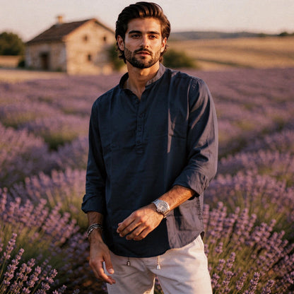 Lightweight summer henley shirt in light blue, featuring a three button placket and short sleeves, view