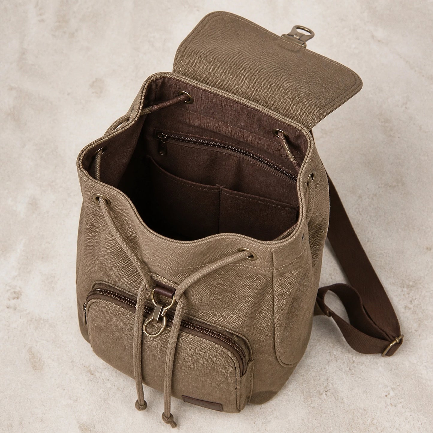 Khaki Vintage Canvas Drawstring Backpack — Interior Detail — view 10
