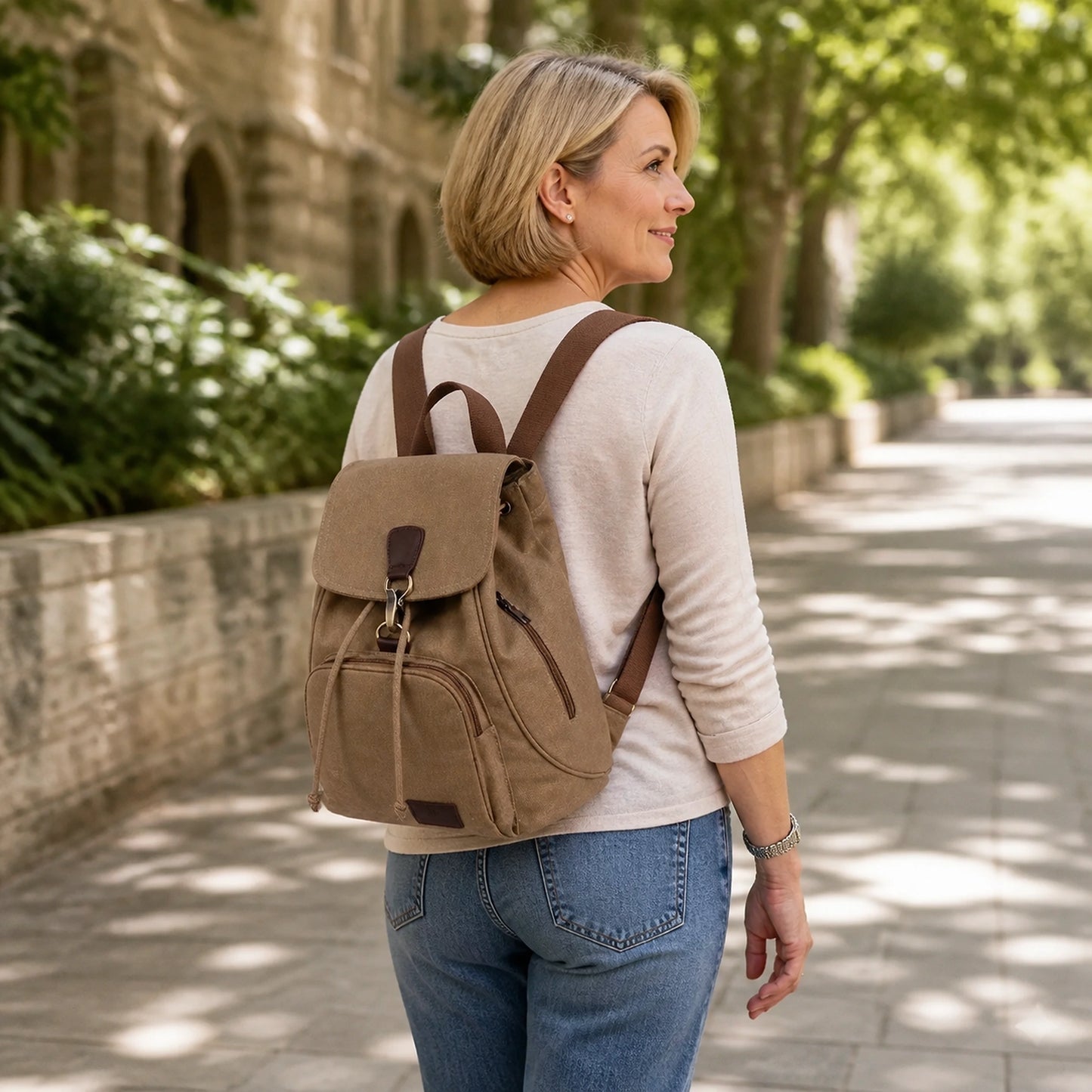 Khaki Vintage Canvas Drawstring Backpack — Adult — view 11