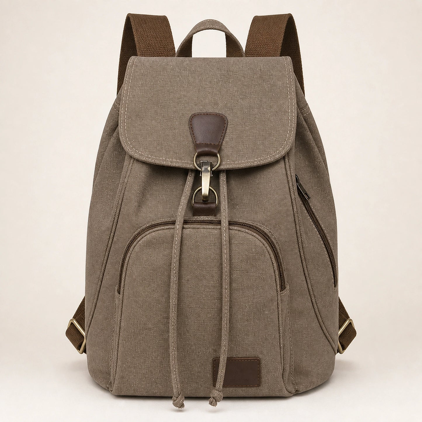 Dark Brown Vintage Canvas Drawstring Backpack — Full Front — view 3