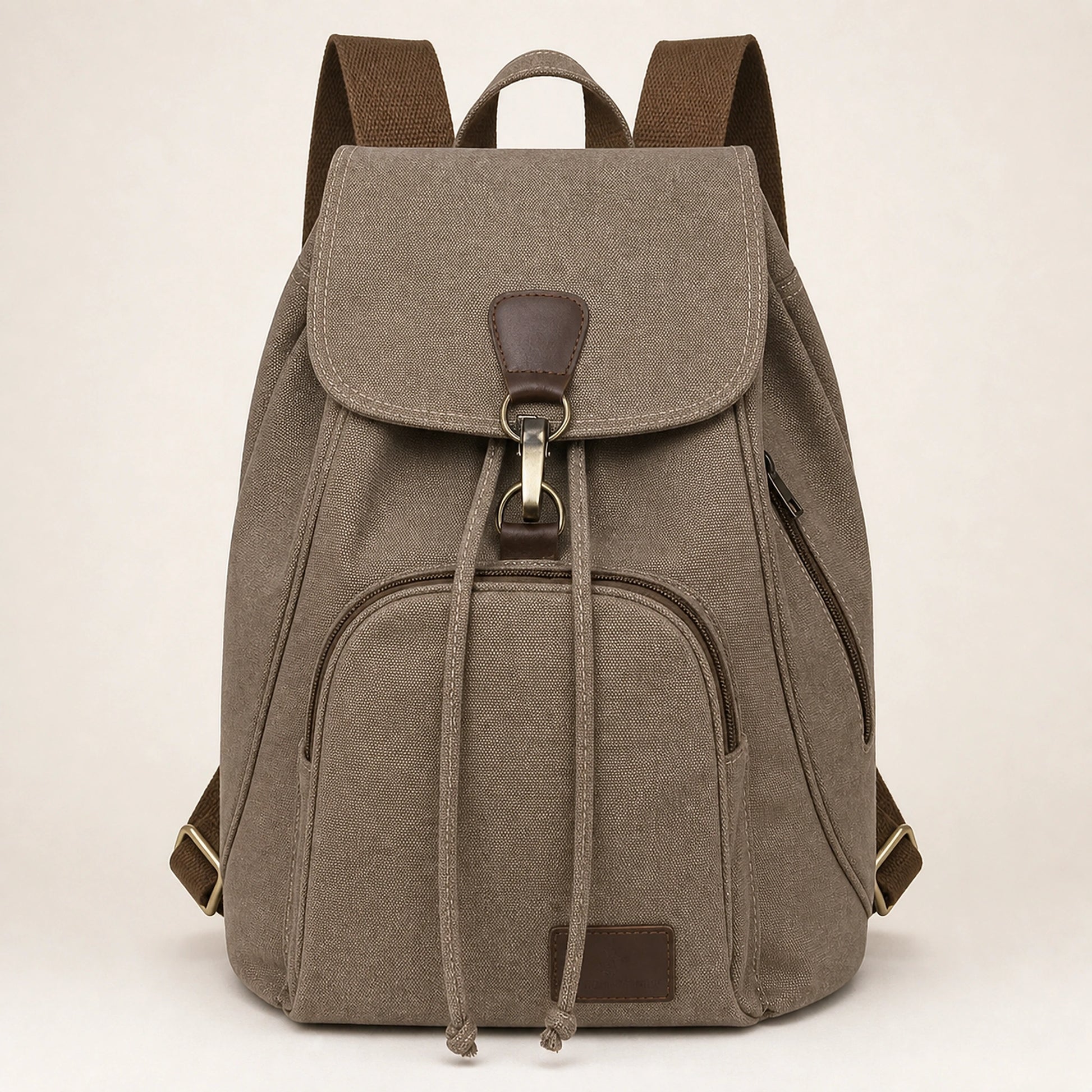 Dark Brown Vintage Canvas Drawstring Backpack — Full Front — view 3