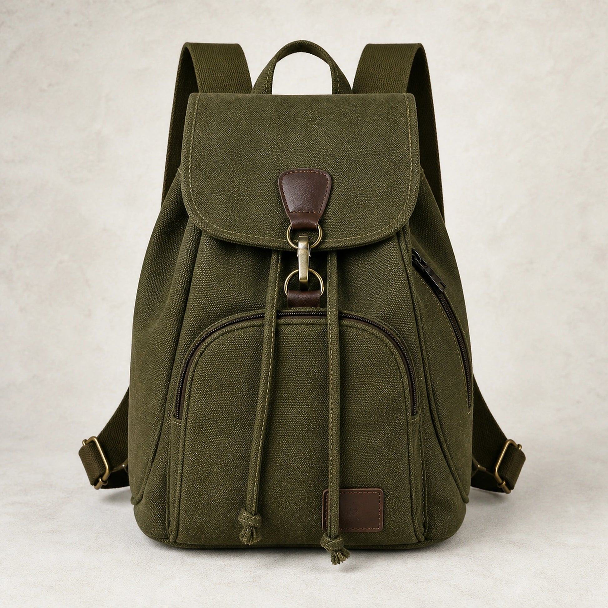 Green Vintage Canvas Drawstring Backpack — Full Front — view 5