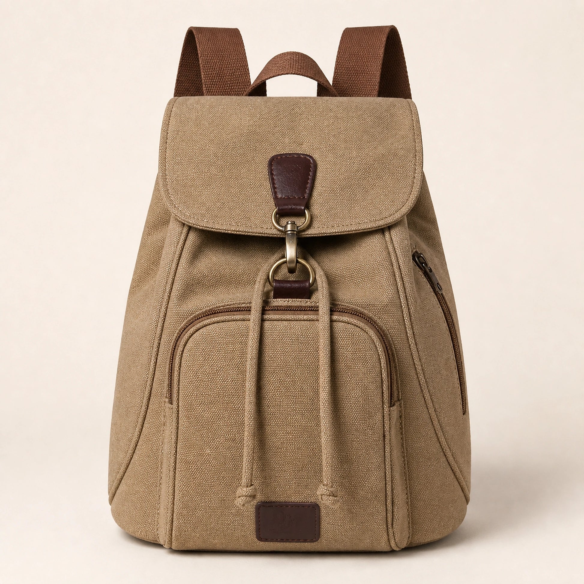 Khaki Vintage Canvas Drawstring Backpack — Full Front — view 6