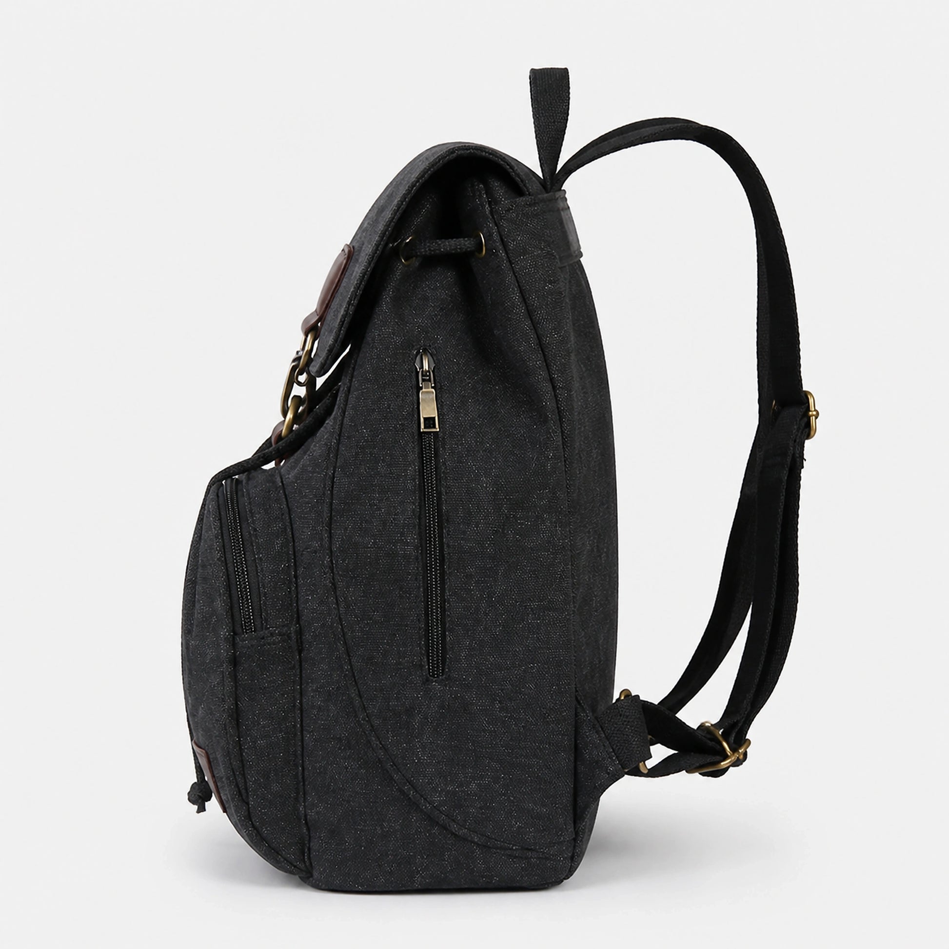 Black Vintage Canvas Drawstring Backpack — Side View — view 7