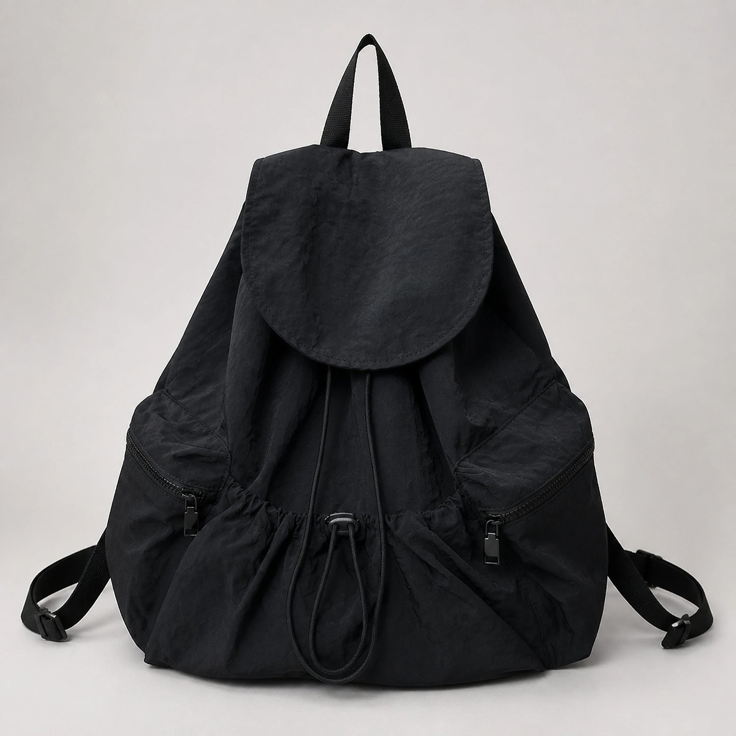 Black Spacious Drawstring Backpack Complete Front View