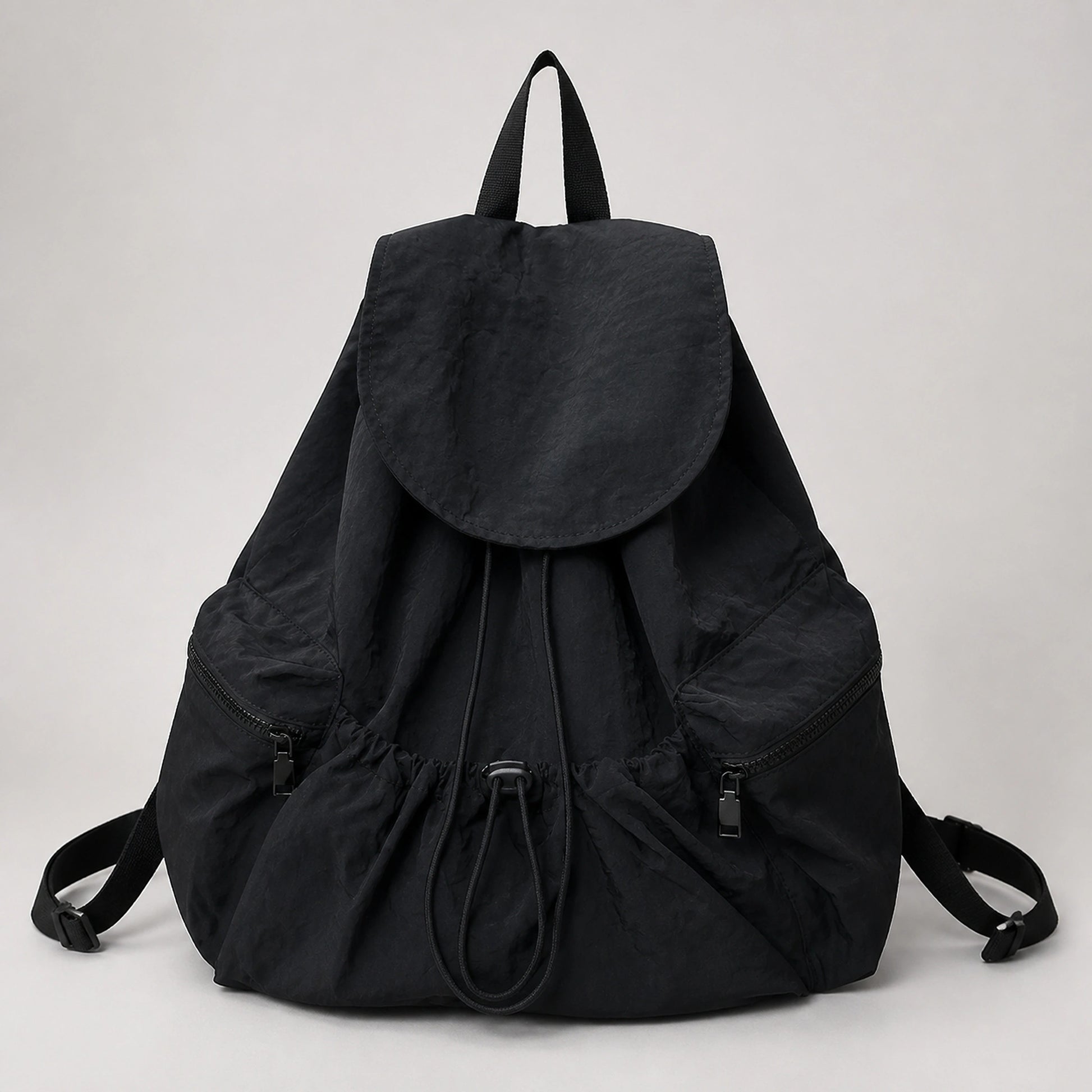 Black Spacious Drawstring Backpack Complete Front View