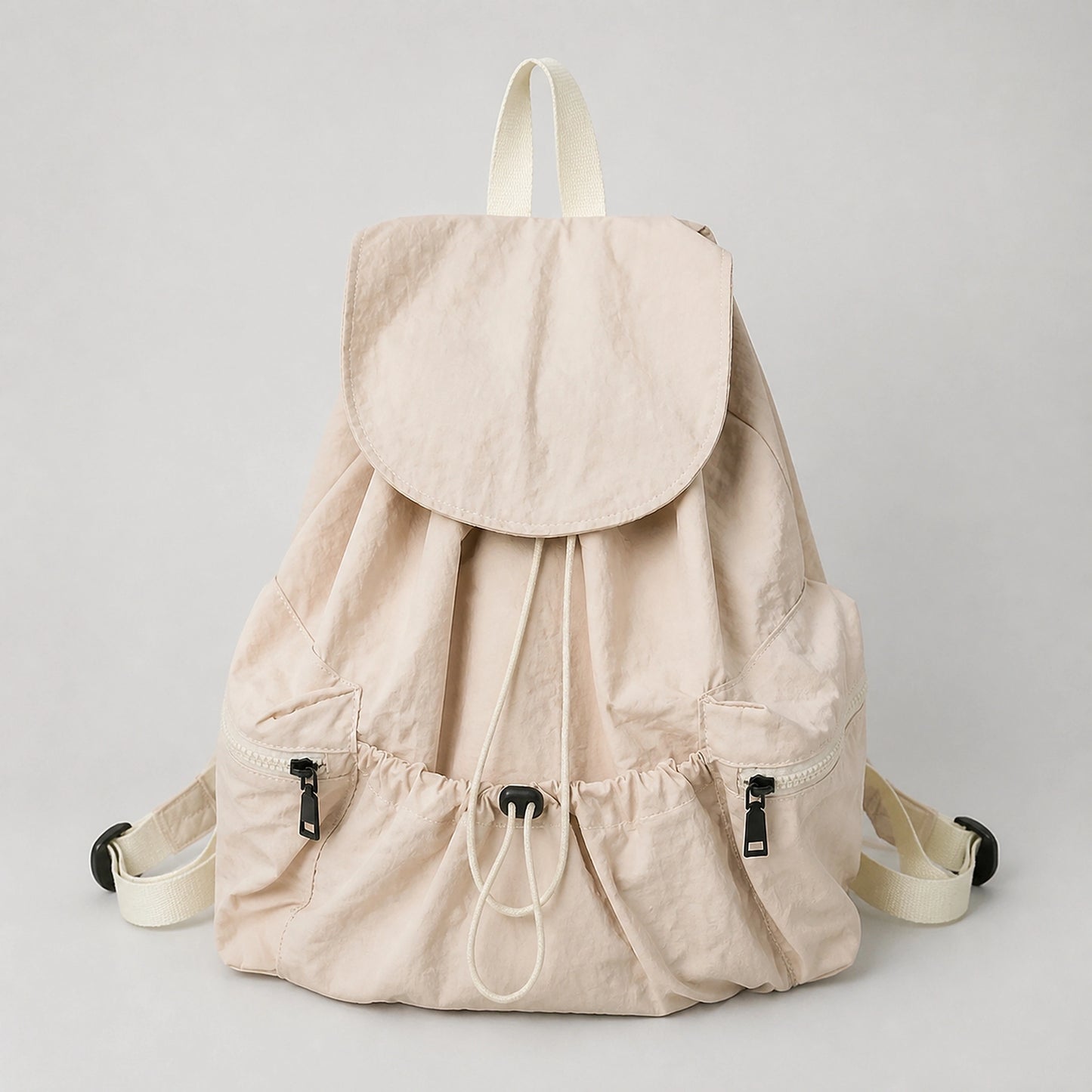 Beige Spacious Drawstring Backpack Complete Front View — view 2