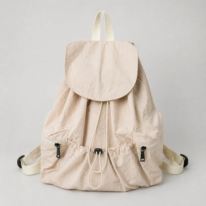 Beige Spacious Drawstring Backpack Complete Front View — view 2