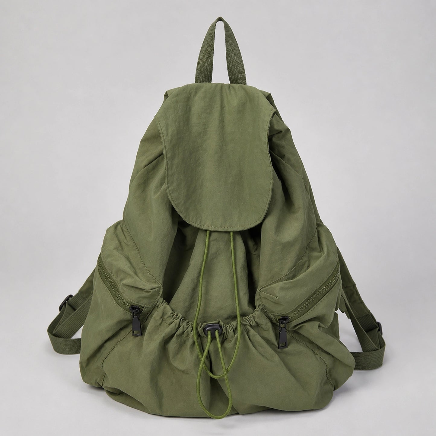 Green Spacious Drawstring Backpack Complete Front View — view 3