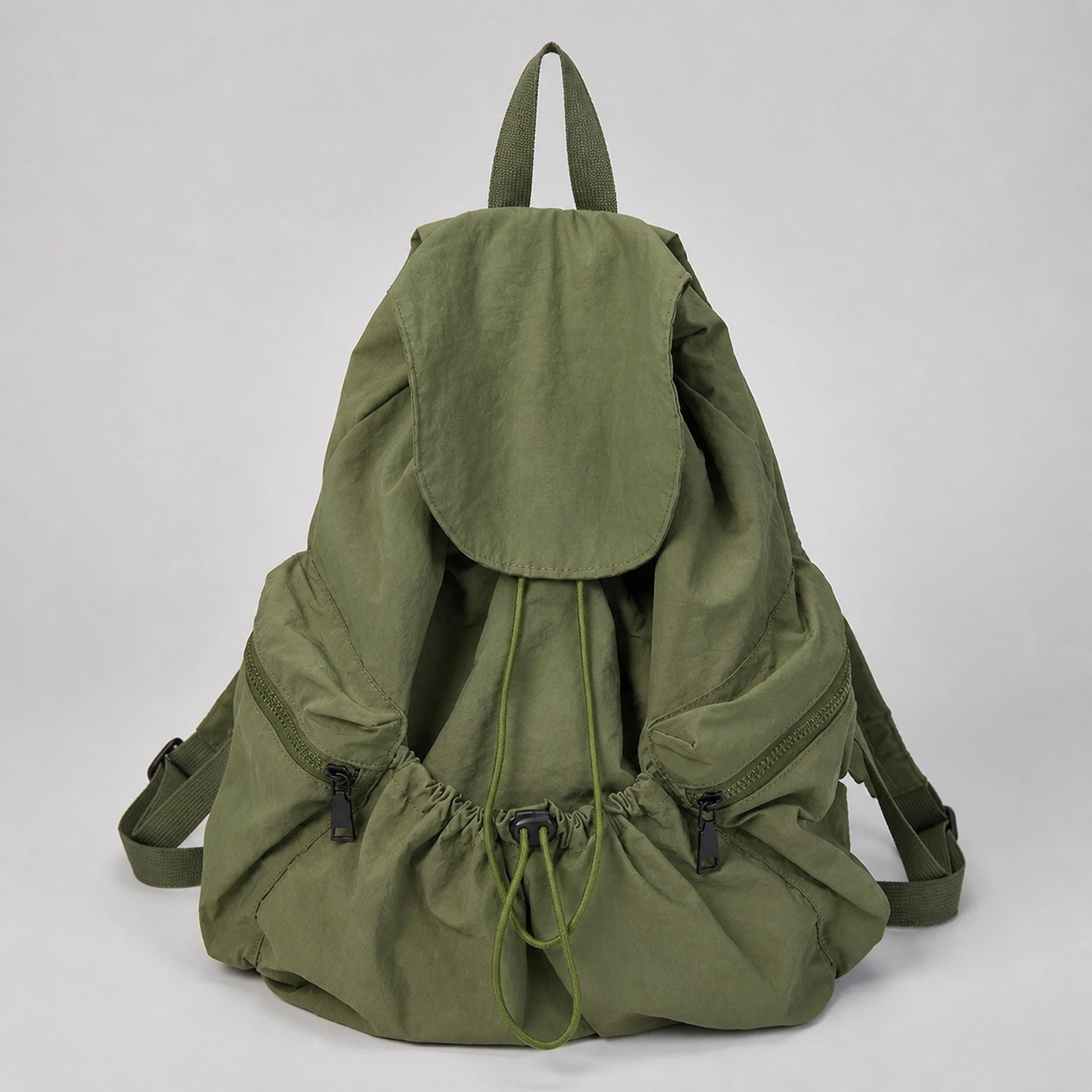 Green Spacious Drawstring Backpack Complete Front View — view 3