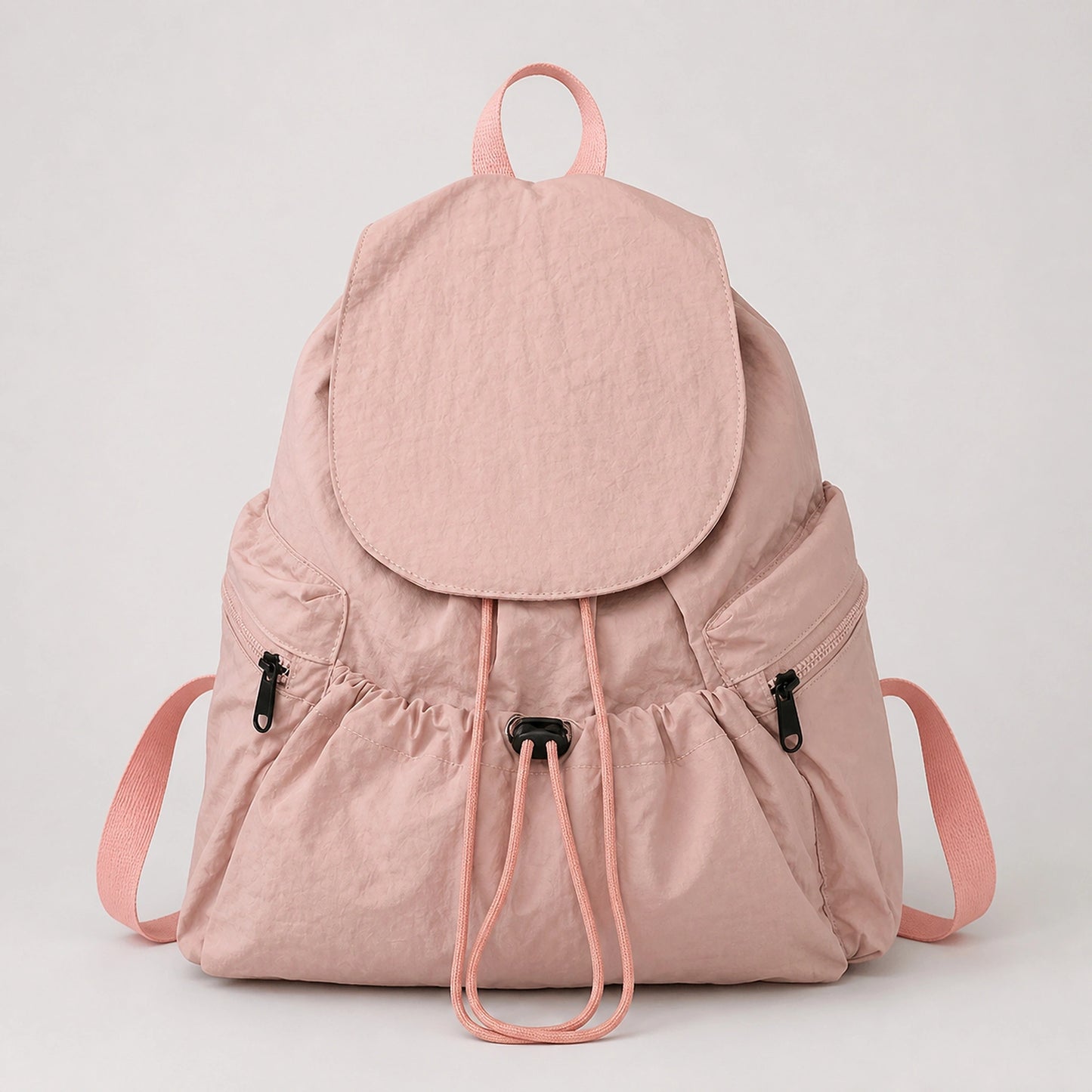 Pink Spacious Drawstring Backpack Complete Front View — view 4