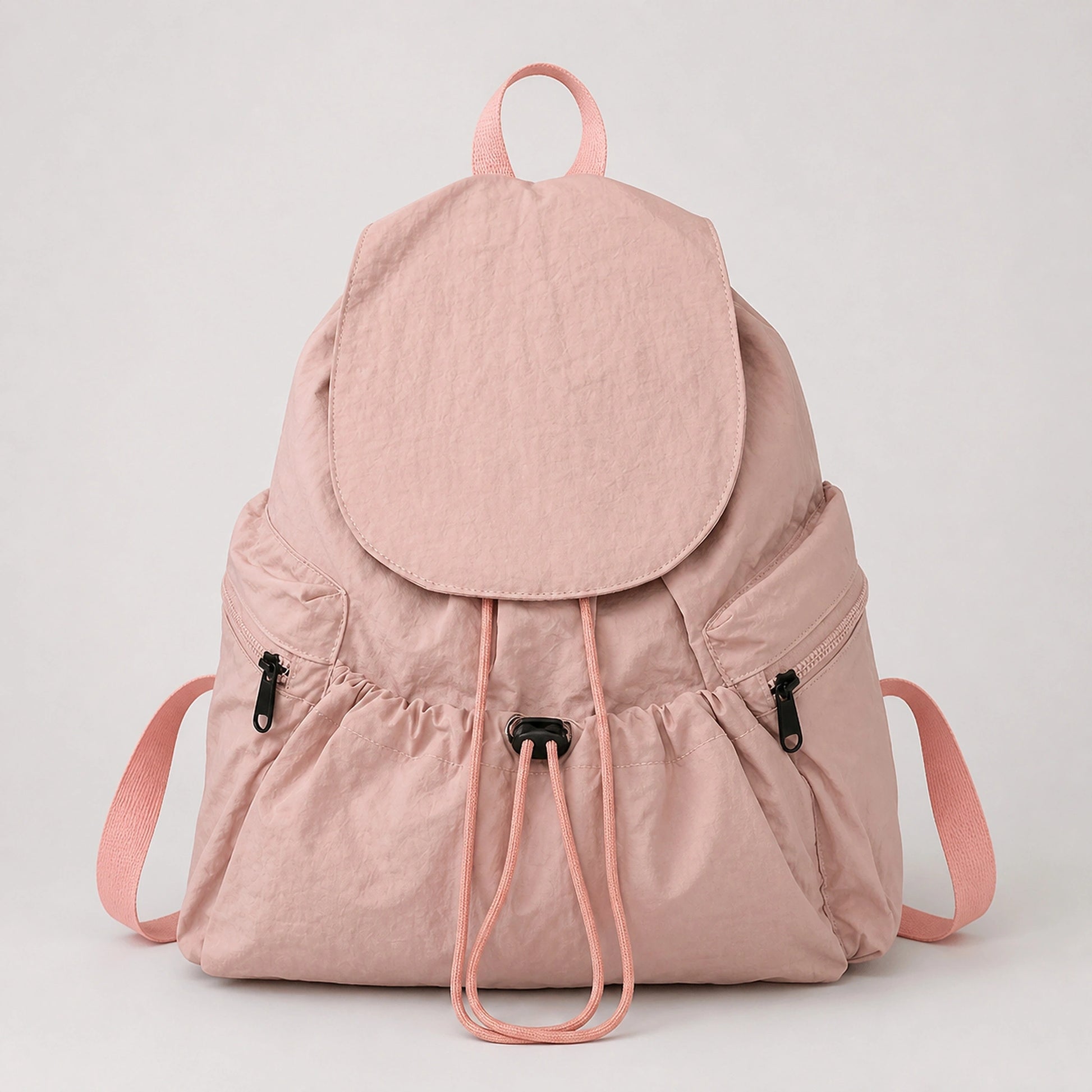 Pink Spacious Drawstring Backpack Complete Front View — view 4