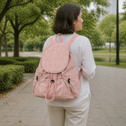 Adult Wearing Pink Spacious Drawstring Backpack View — view 8