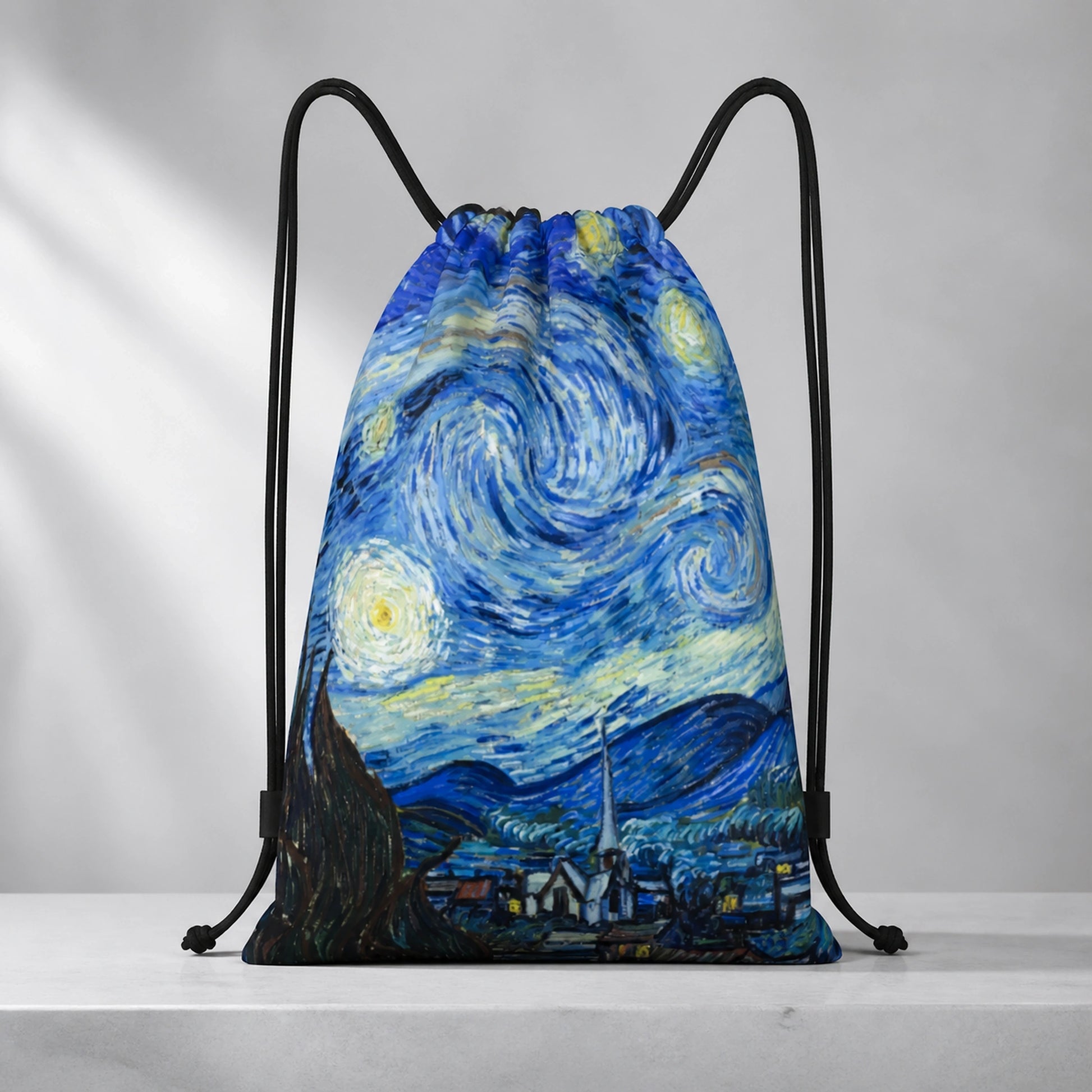 Starry Night Print artistic drawstring backpack, complete front product view