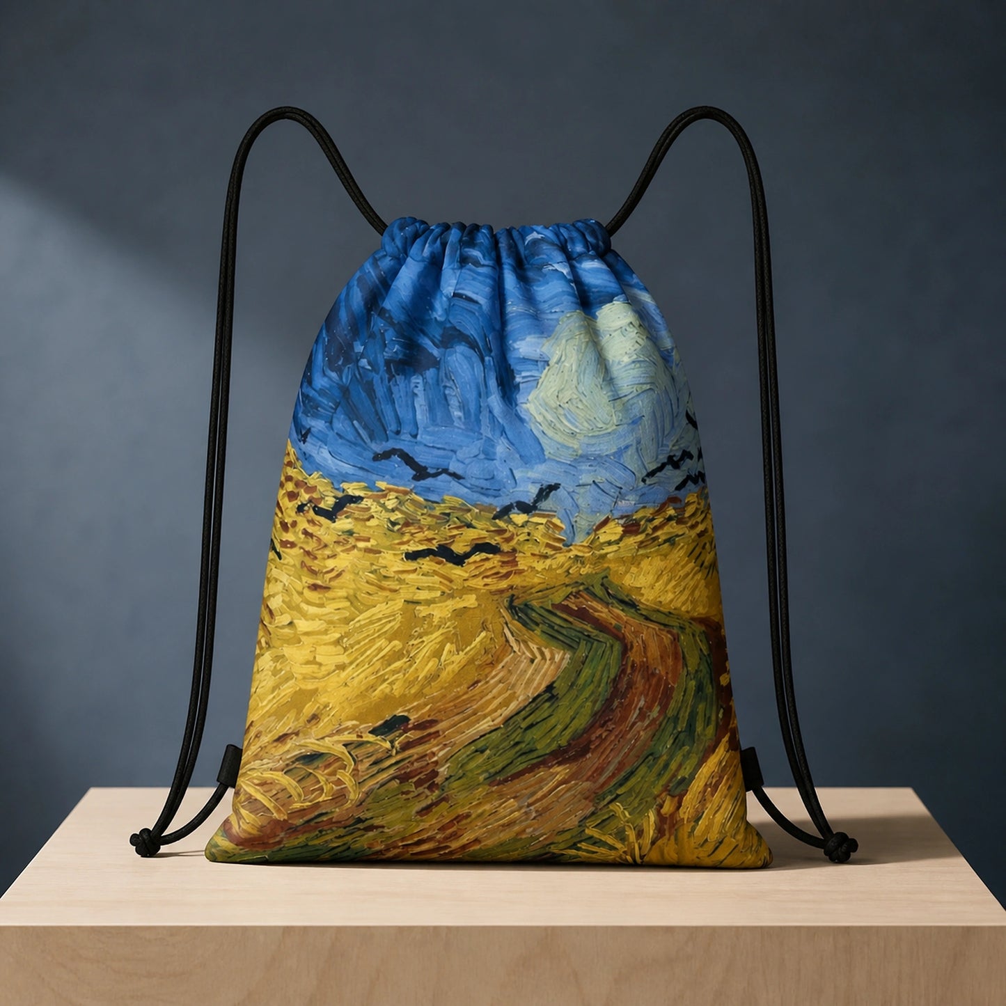 Wheatfield Landscape Print artistic drawstring backpack, complete front product view — view 11