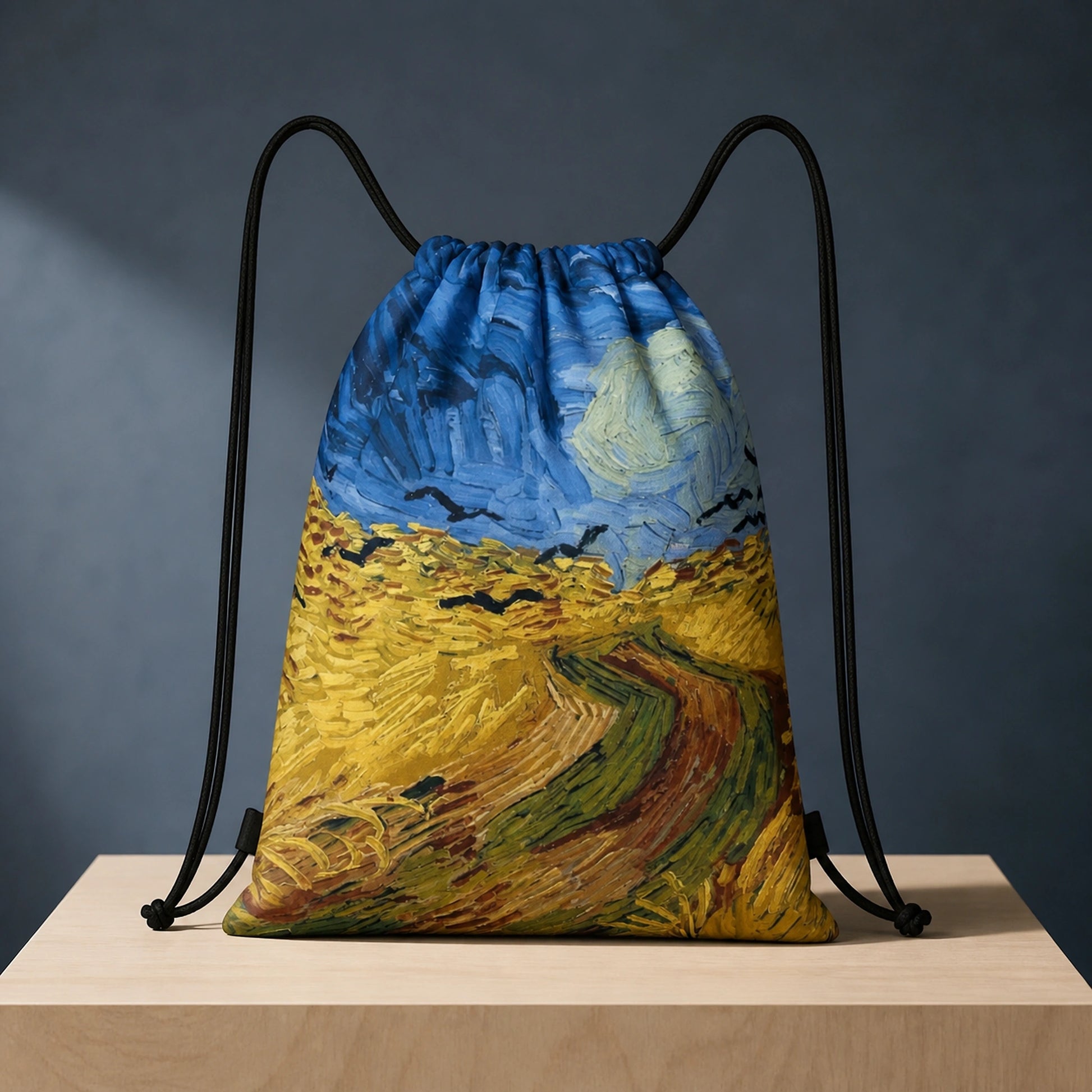 Wheatfield Landscape Print artistic drawstring backpack, complete front product view — view 11