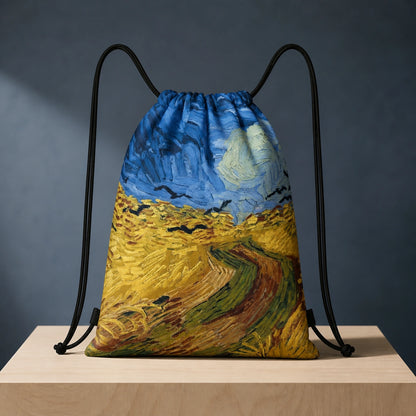 Wheatfield Landscape Print artistic drawstring backpack, complete front product view — view 11