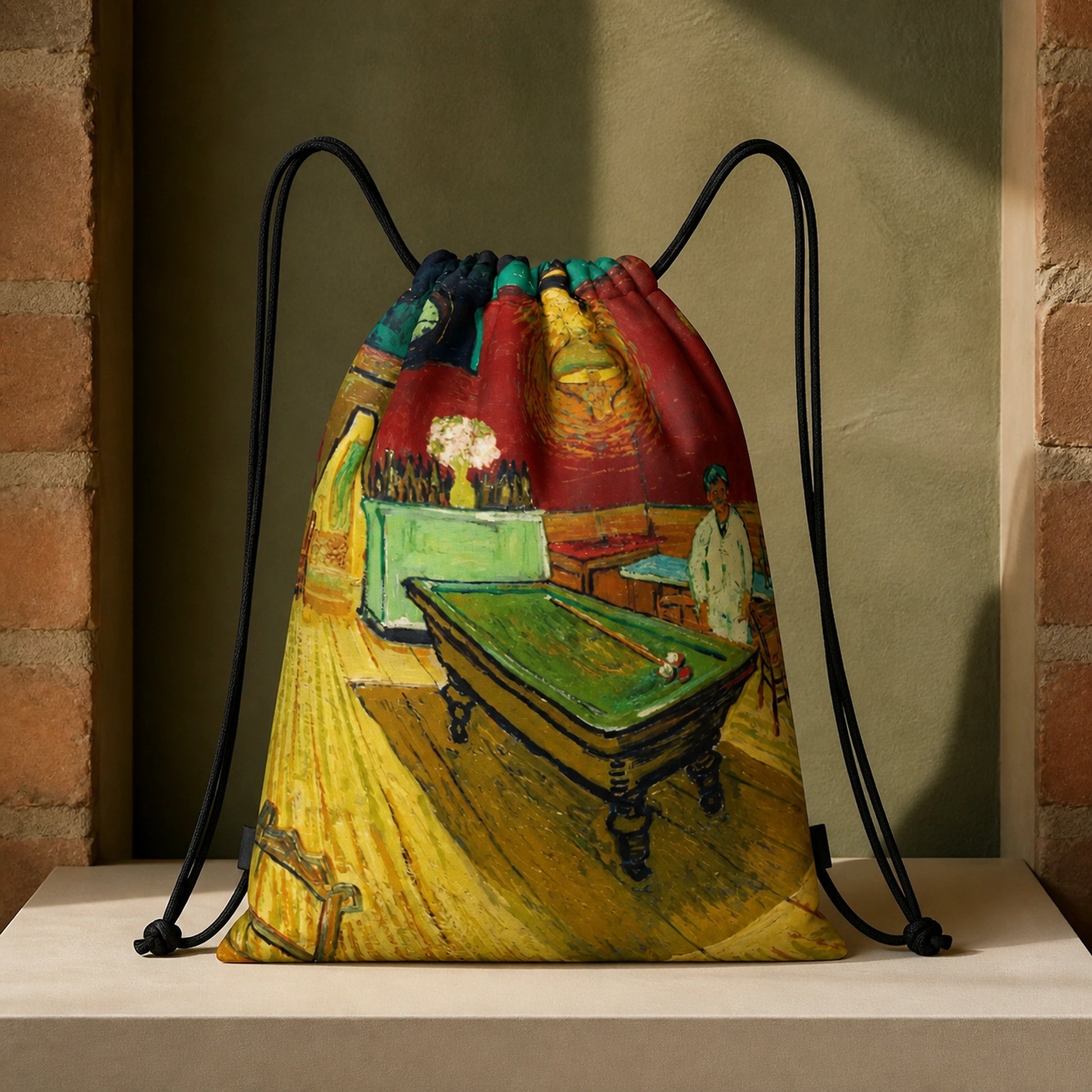 Night Café Interior Print artistic drawstring backpack, complete front product view — view 12