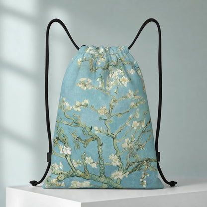 Mint Almond Blossoms Print artistic drawstring backpack, complete front product view — view 14