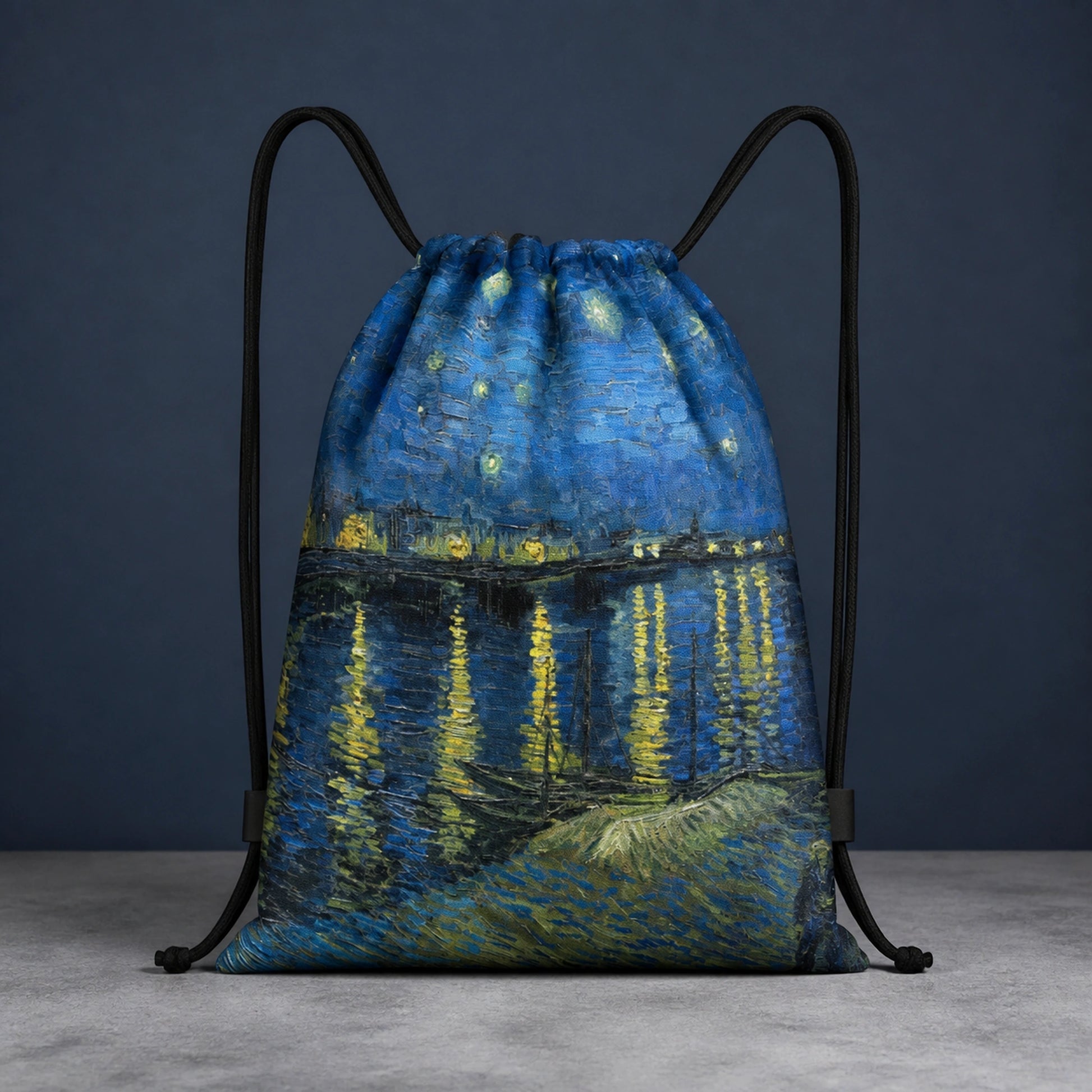 Riverside Starry Night Print artistic drawstring backpack, complete front product view — view 15