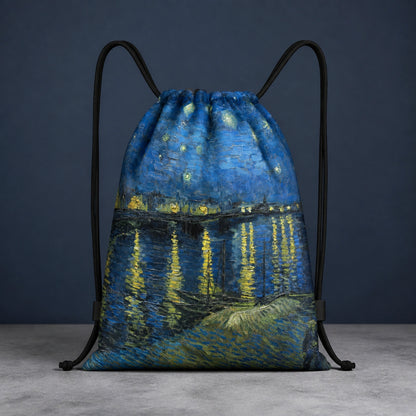 Riverside Starry Night Print artistic drawstring backpack, complete front product view — view 15